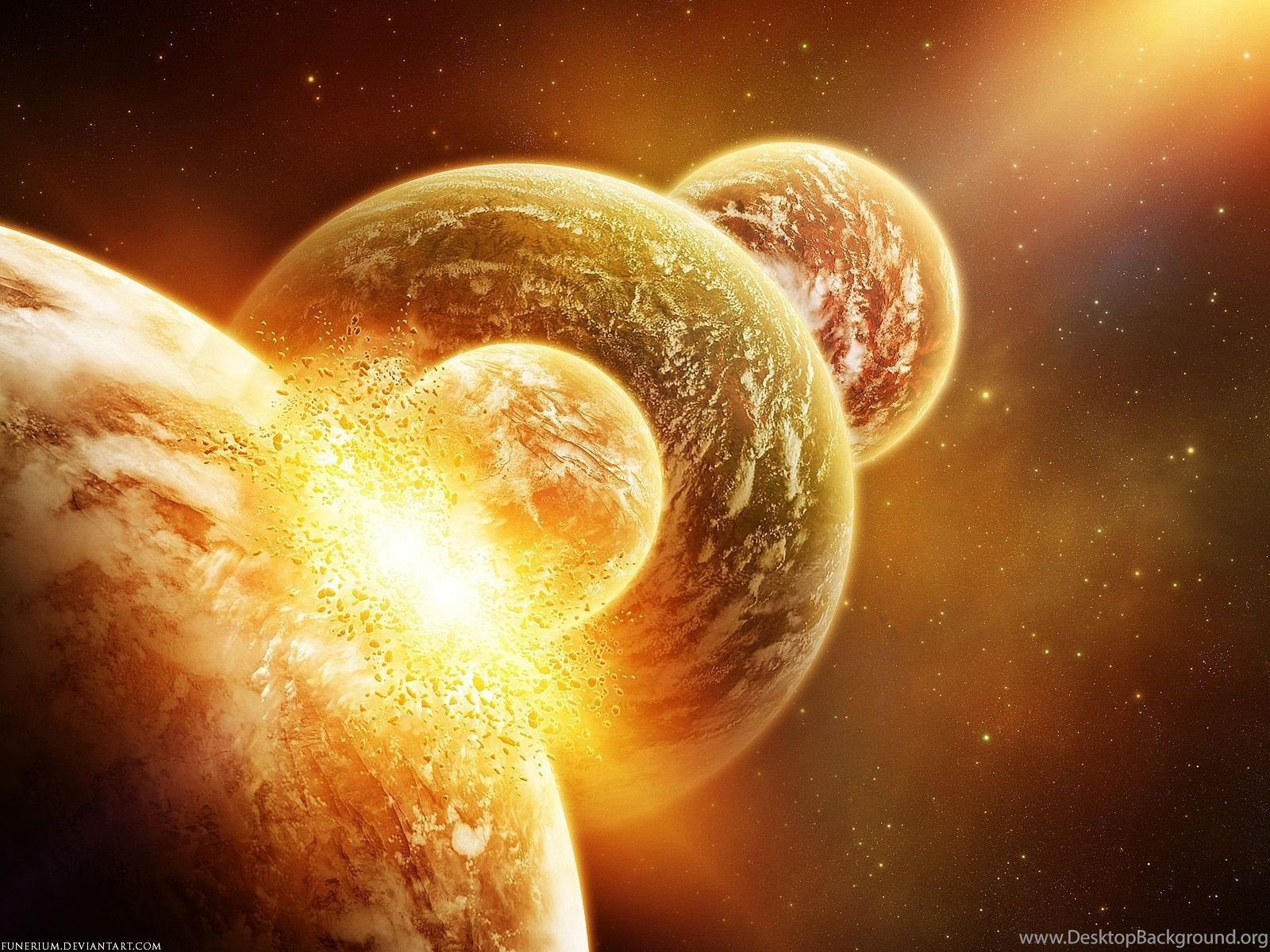 Full HD Wallpaper + Space, Explosions, Planets, Stars, Yellow Desktop Background