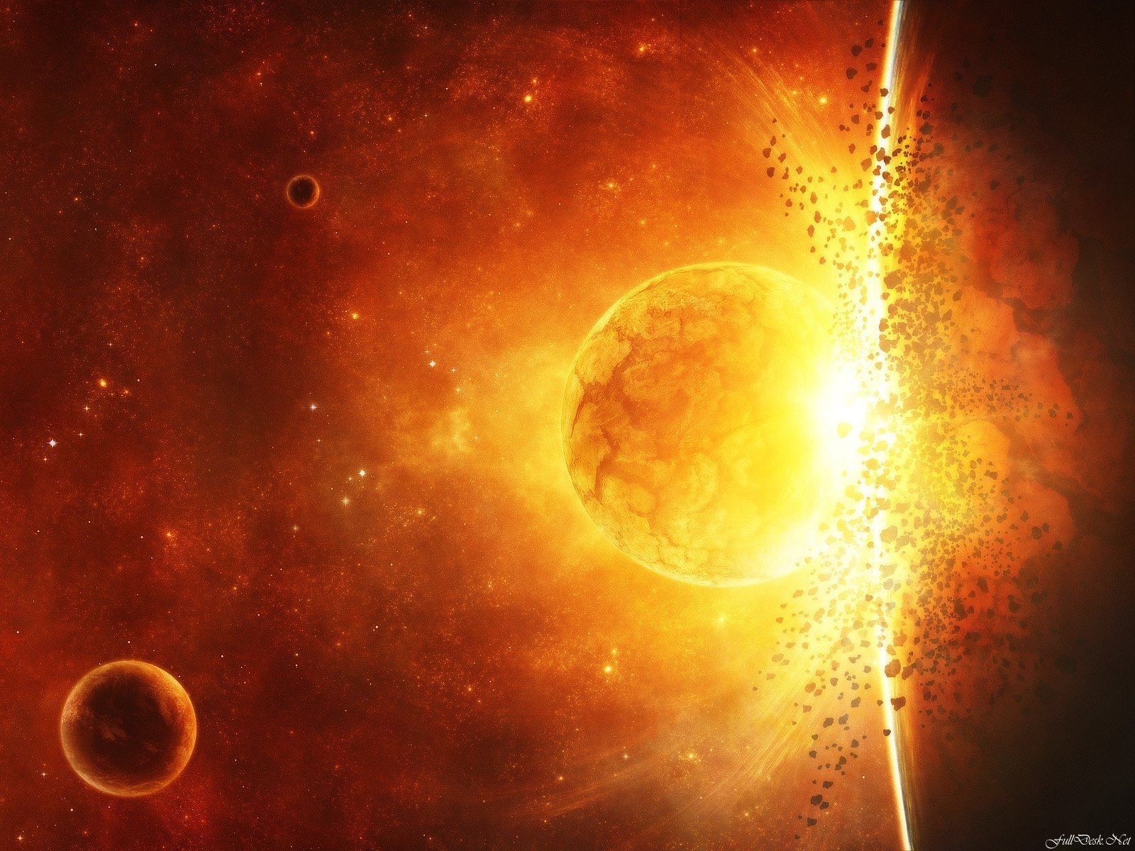 Red Yellow Planet Collision Explosion Space Stars Wallpaper:1600x1200