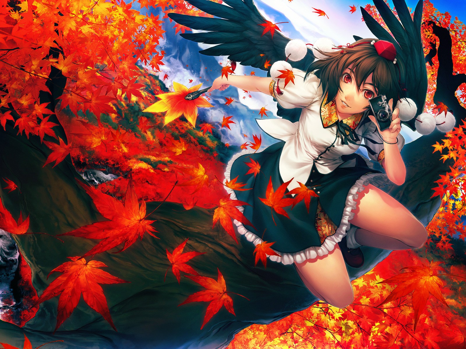 Wallpaper, fall, leaves, anime girls, wings, Touhou, camera, Shameimaru Aya, autumn, flower, season 1600x1200