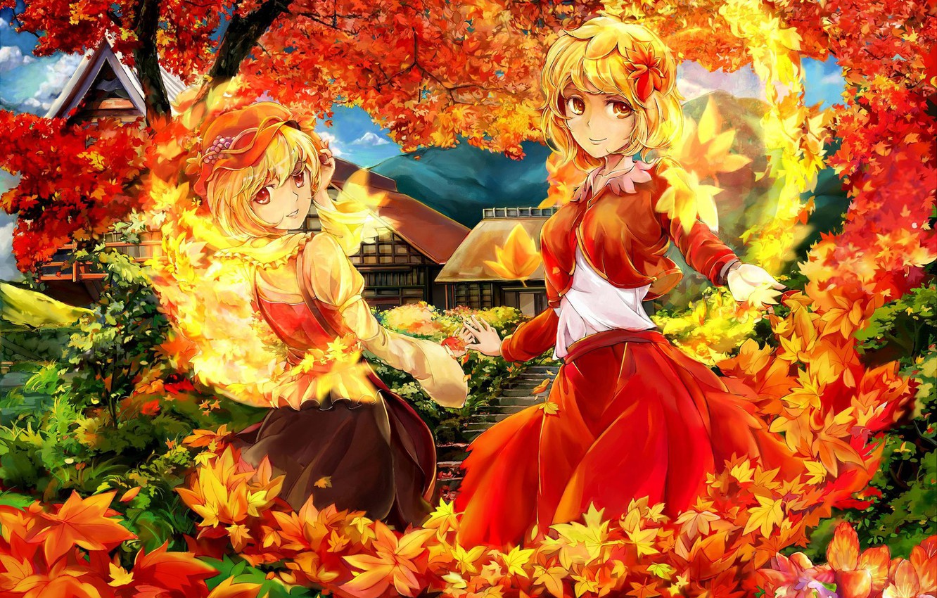 Wallpaper autumn, leaves, mountain, anime, girl, house image for desktop, section прочее