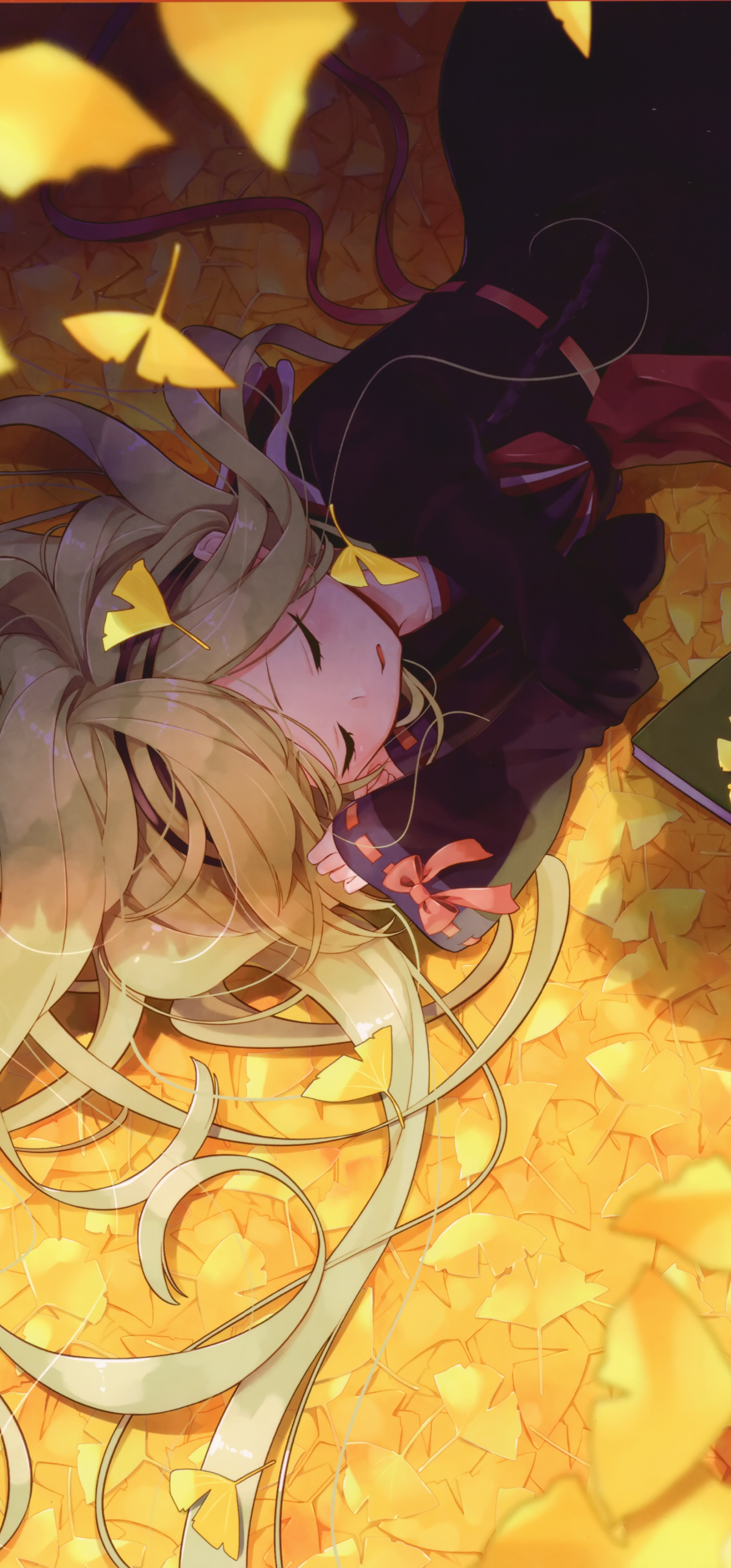 Download 1440x3088 Anime Girl, Blonde, Lying Down, Autumn, Leaves, Sleeping Wallpaper for Samsung Galaxy Note 20 Ultra