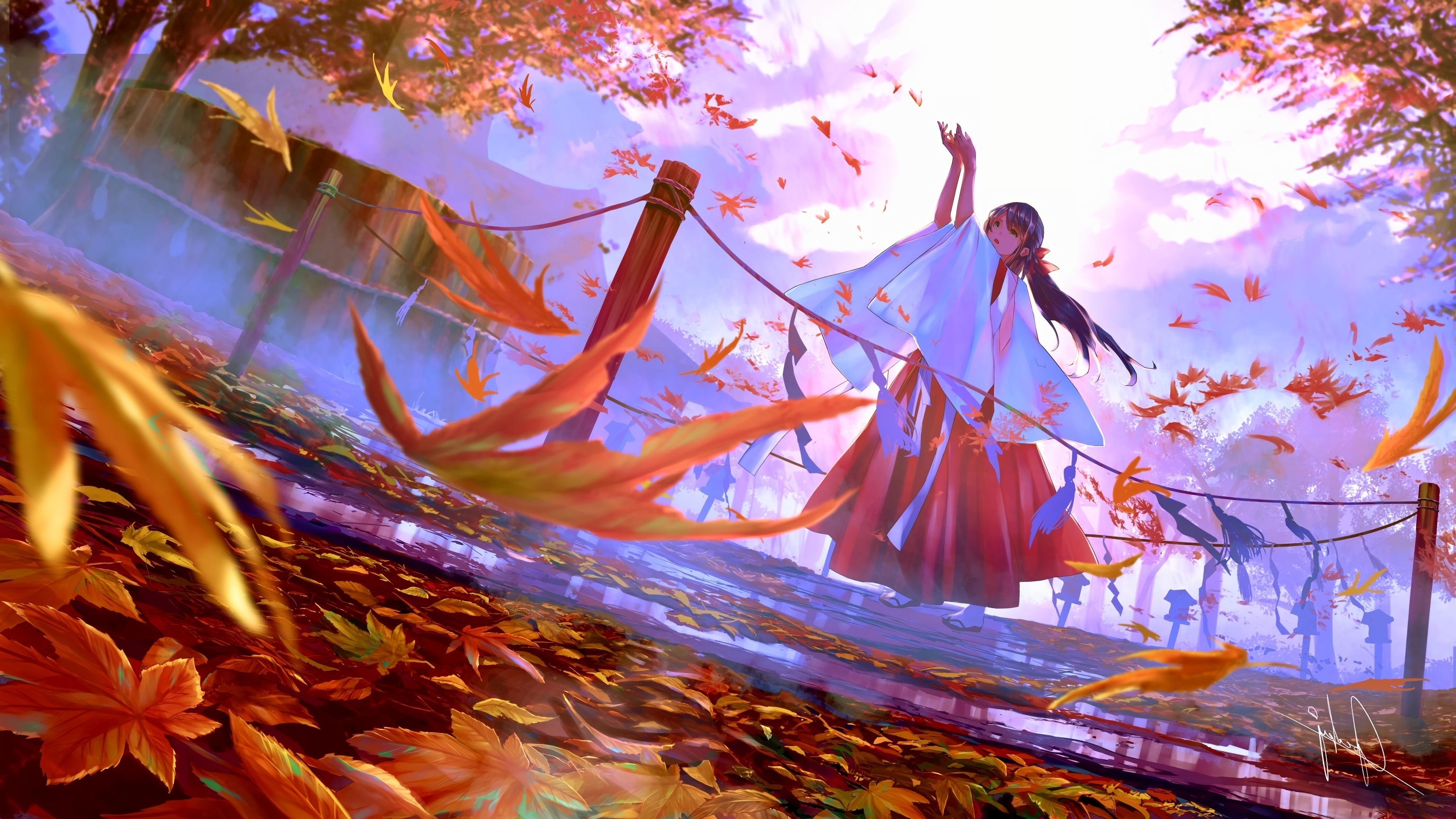 Wallpaper Autumn, Leaves, Anime Landscape, Anime Miko Girl, Shrine:3072x1728