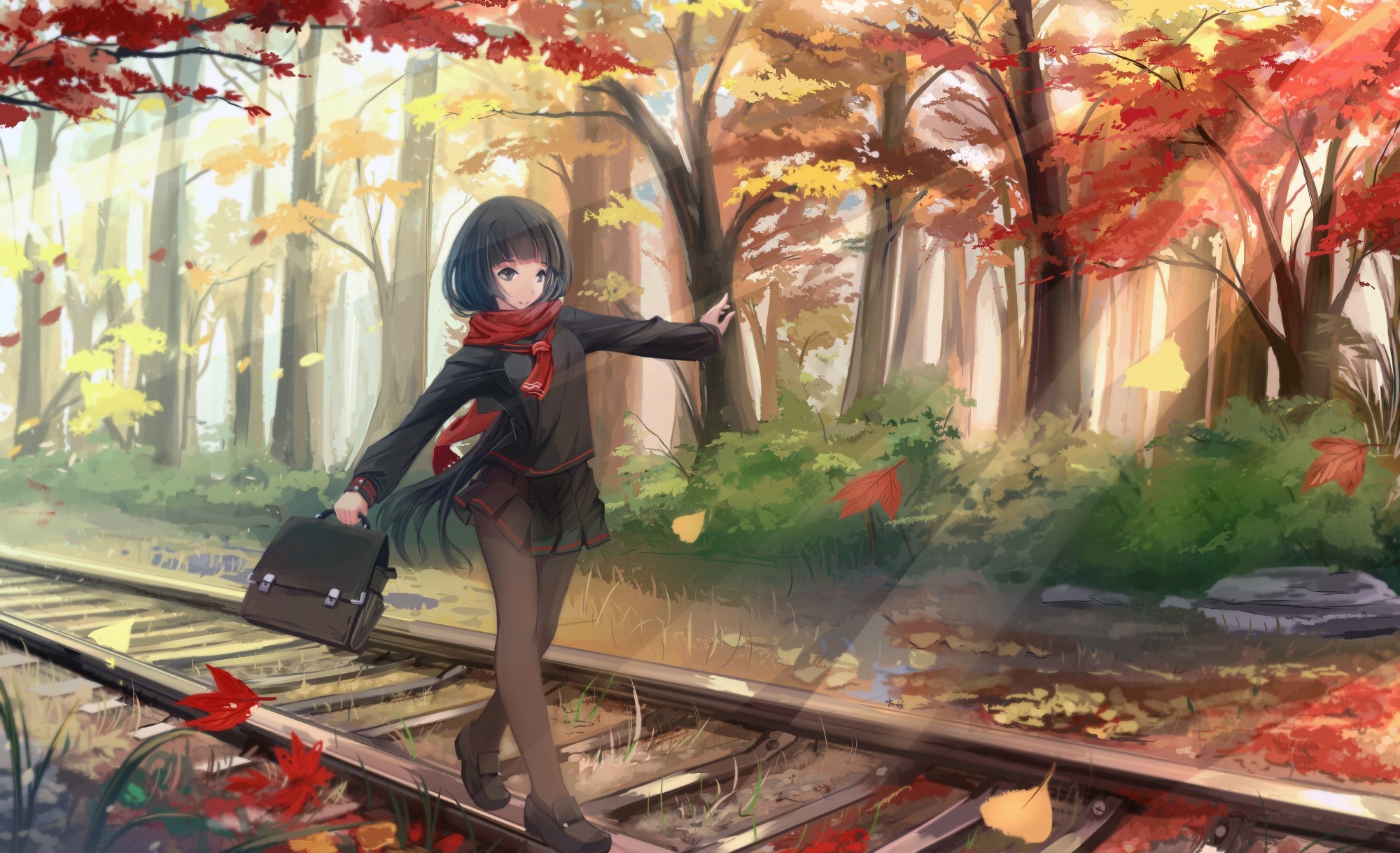 anime girls original characters fall black hair scarf leaves long hair pantyhose school uniform trees wallpaper