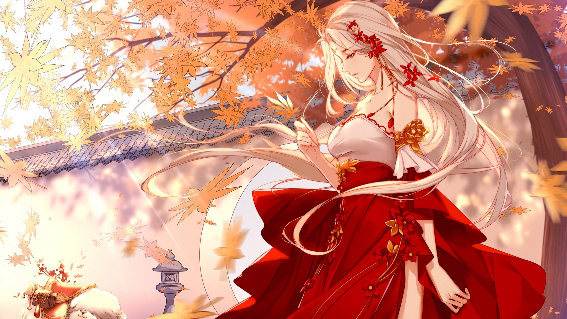 Wallpaper / autumn, clouble, girl, orange, anime, manga, kimono, leaf, red