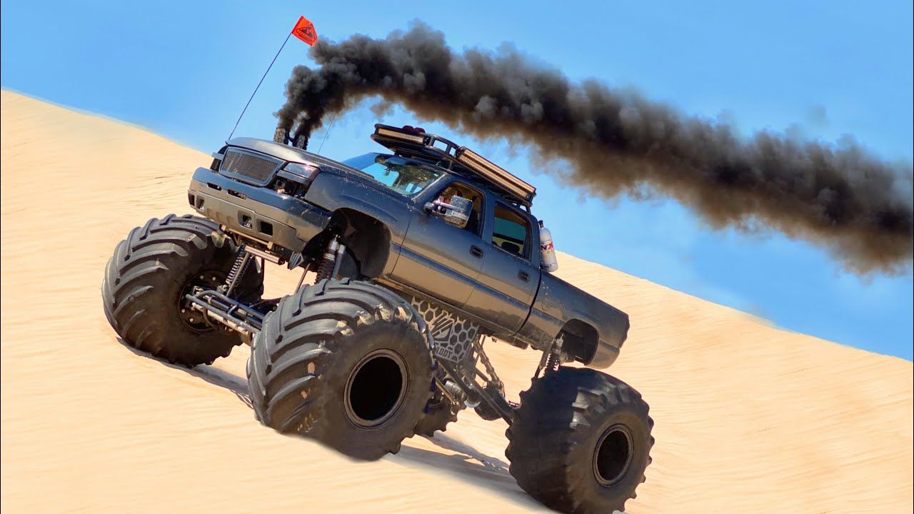 Monstermax Grenades Climbing a 200ft Dune. Jacked up trucks, Trucks, Diesel pickup trucks