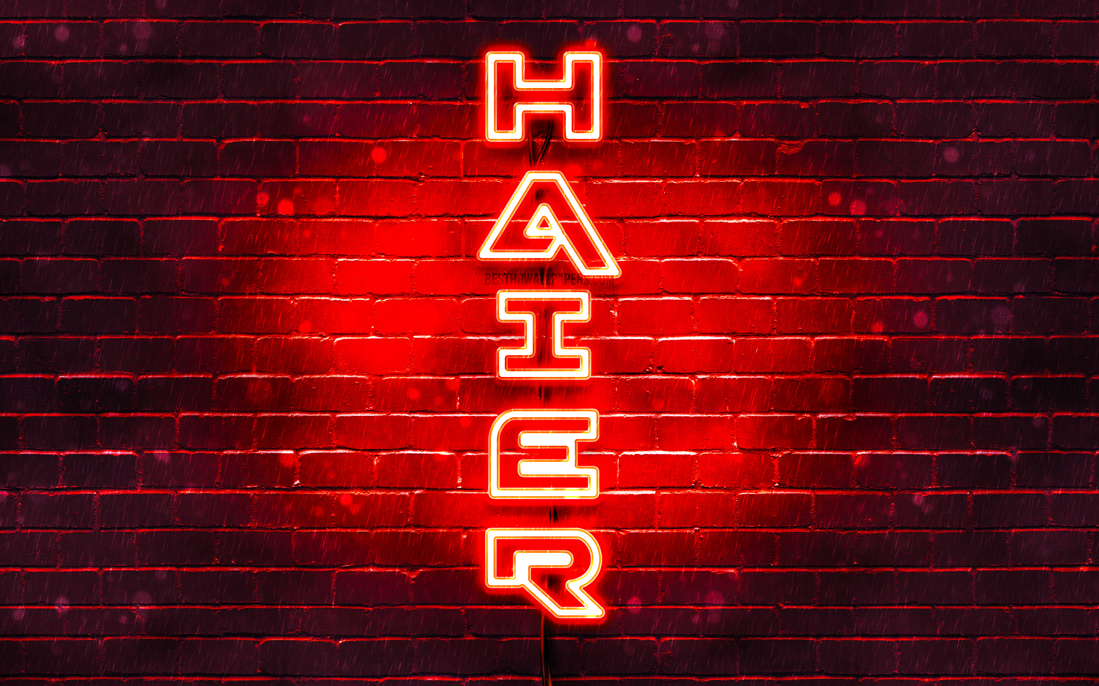 Download wallpaper 4K, Haier red logo, vertical text, red brickwall, Haier neon logo, creative, Haier logo, artwork, Haier for desktop with resolution 3840x2400. High Quality HD picture wallpaper