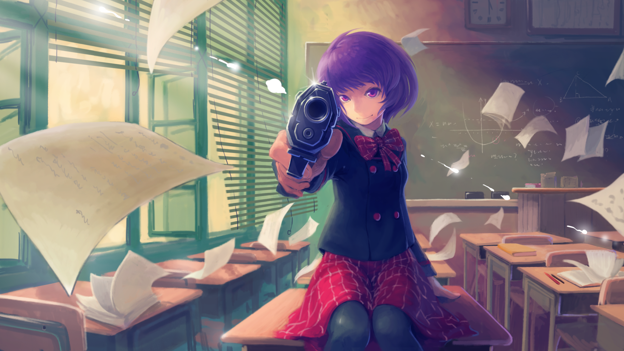 #anime, #school uniform, #Japan, #anime girls, #pistol, #classes, wallpaper HD Wallpaper