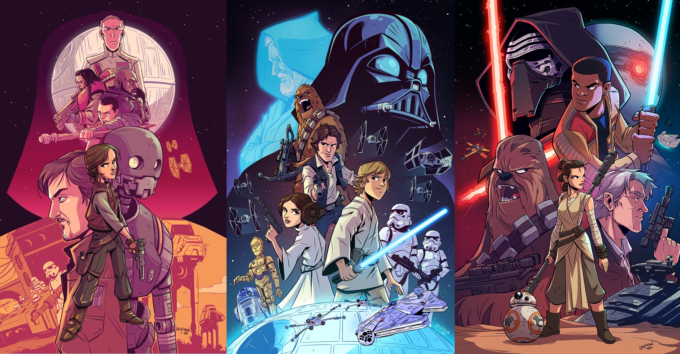 Cartoon Collage of Star Wars Movies HD Wallpaper