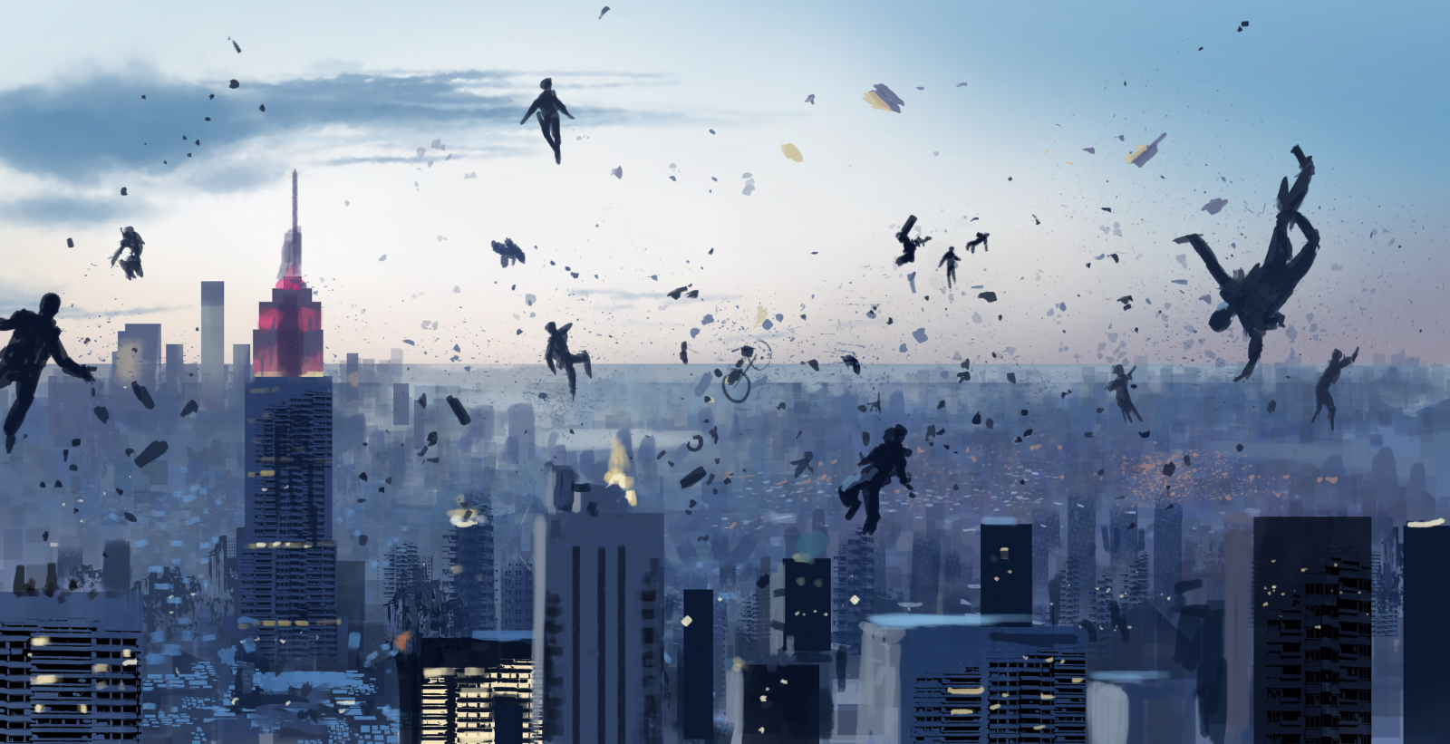 Wallpaper, floating, city, debris, bikes, skyscraper, clouds, Gravity 2837x1456