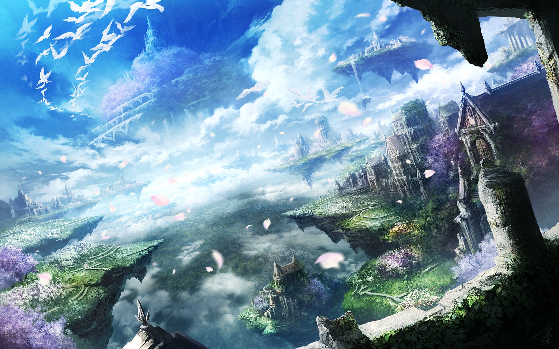 landscape, birds, fantasy art, city, anime, sky, clouds, Earth, floating island, Terrain, screenshot, computer wallpaper, atmosphere of earth, mountain range, extreme sport. Mocah HD Wallpaper
