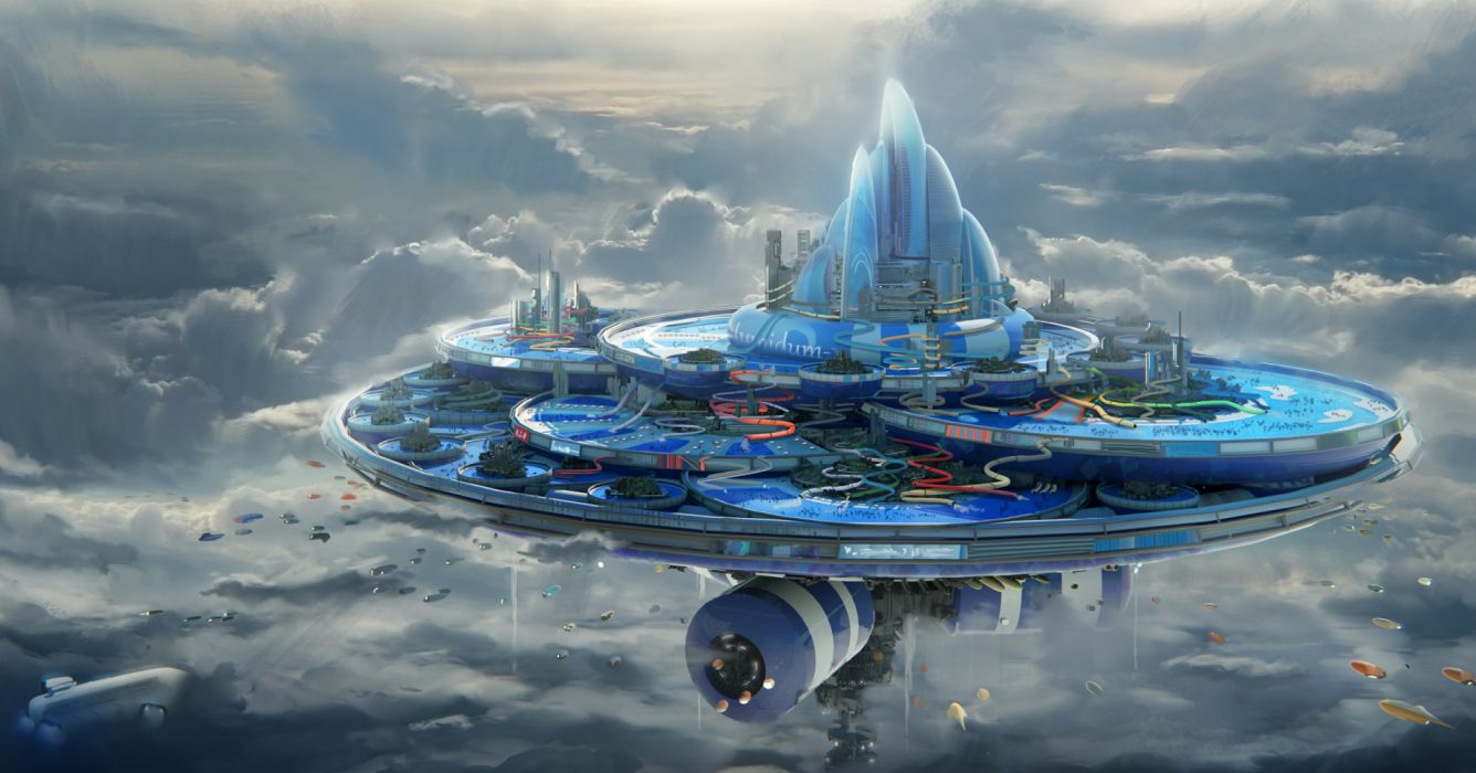 Aircraft City Cloud Floating Island Futuristic wallpaperx2095