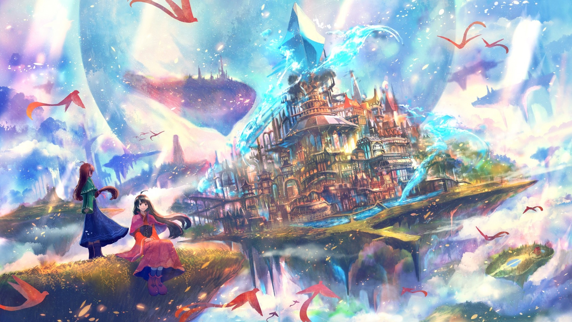 Download 1920x1080 Anime Landscape, Surrealism, Floating City, Anime Girls Wallpaper for Widescreen