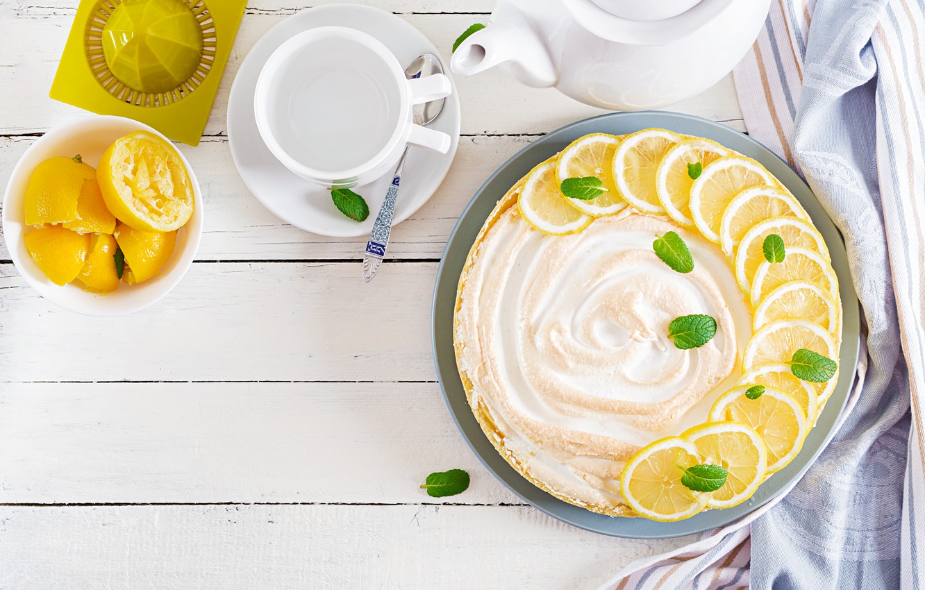 Wallpaper lemon, tea, pie, cream, slices, cheese, meringue, lemon, Timolina image for desktop, section еда