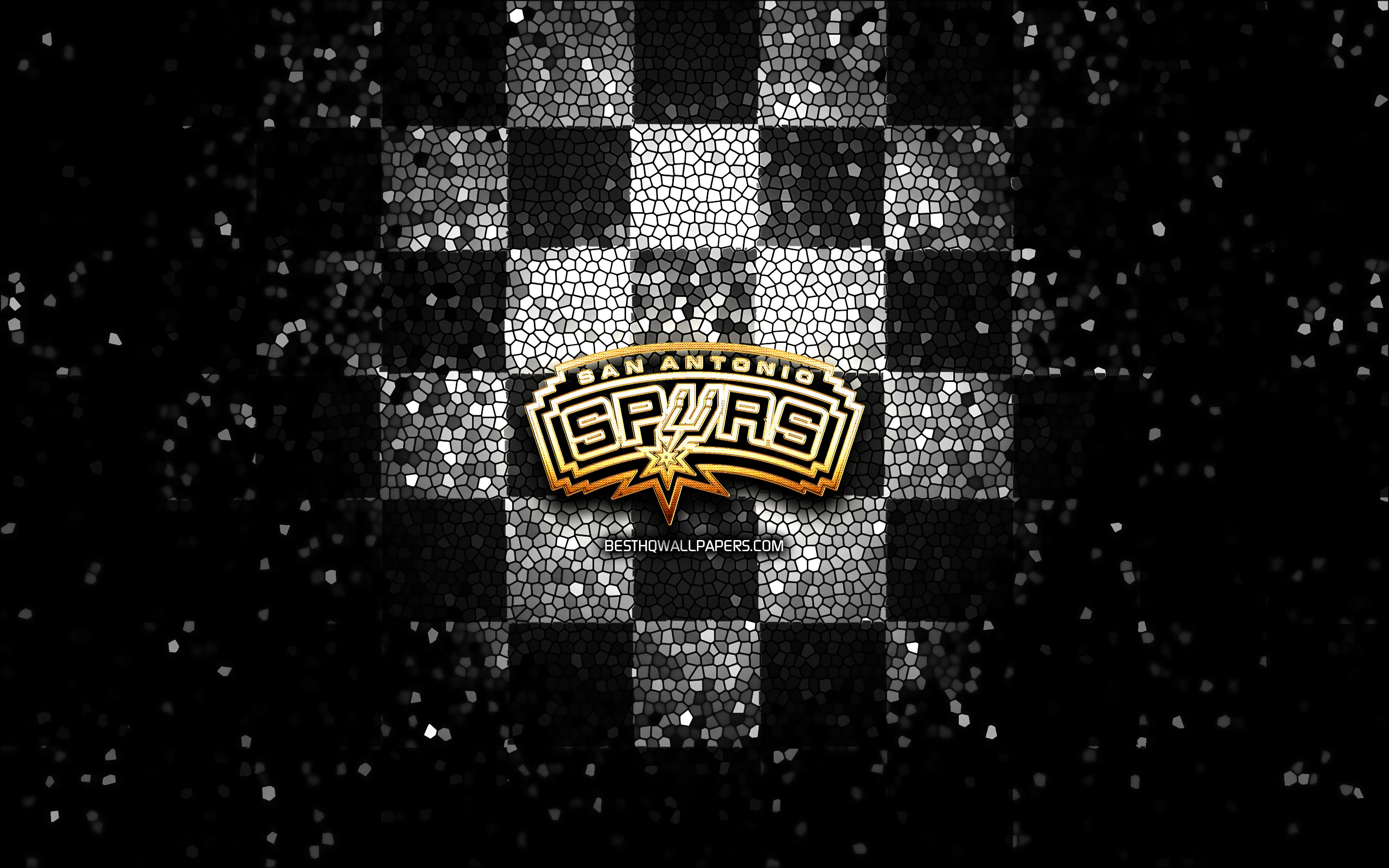 Download wallpaper San Antonio Spurs, glitter logo, NBA, black white checkered background, USA, american basketball team, San Antonio Spurs logo, mosaic art, basketball, America for desktop with resolution 2880x1800. High Quality HD