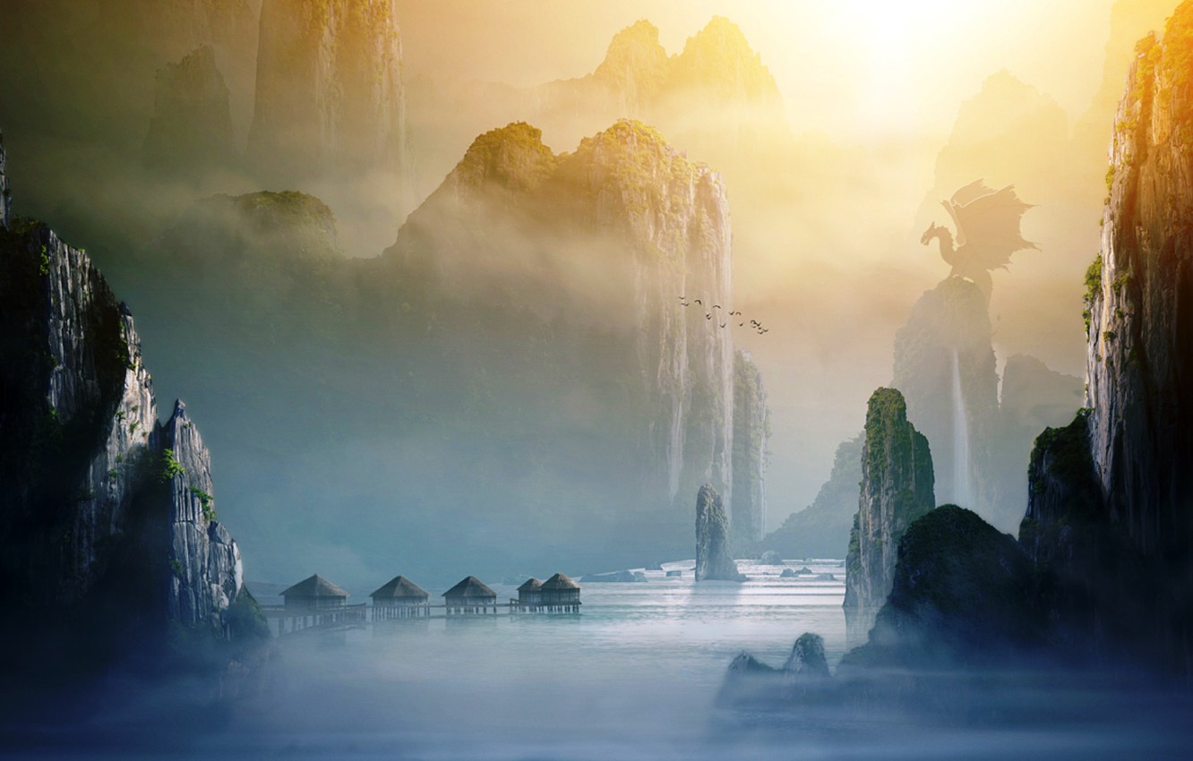 Wallpaper mountains, birds, dragon, village, Bay, mistymountains image for desktop, section фантастика