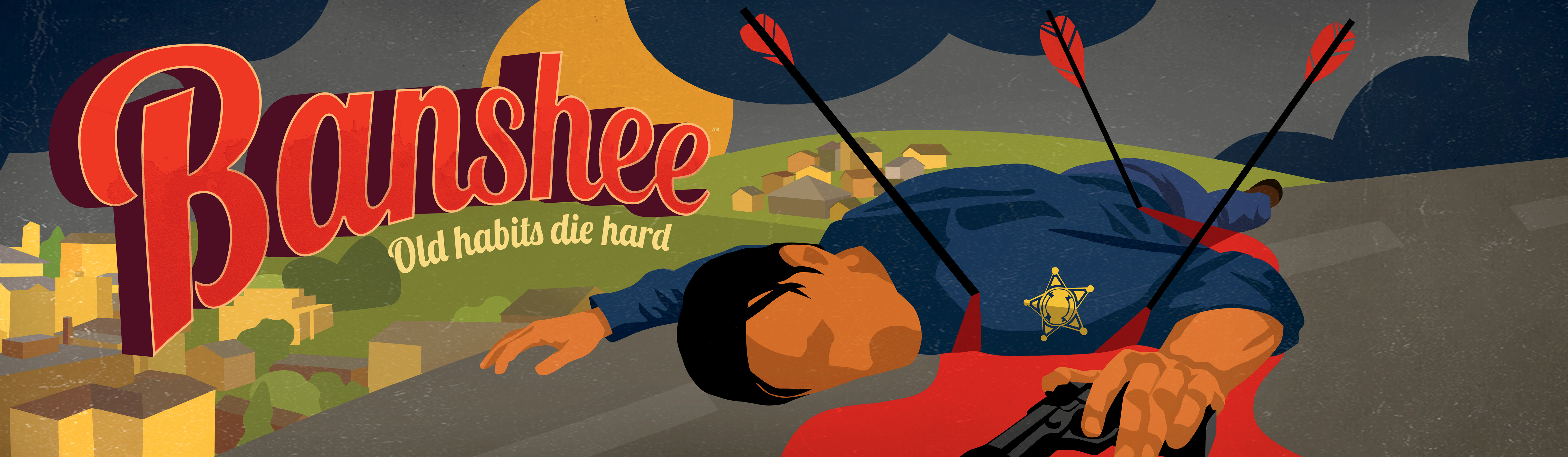 Wallpaper, Banshee, TV, tv series, comic art, Lucas Hood, ultrawide, arrows, police, blood, badge, pistol 5760x1680