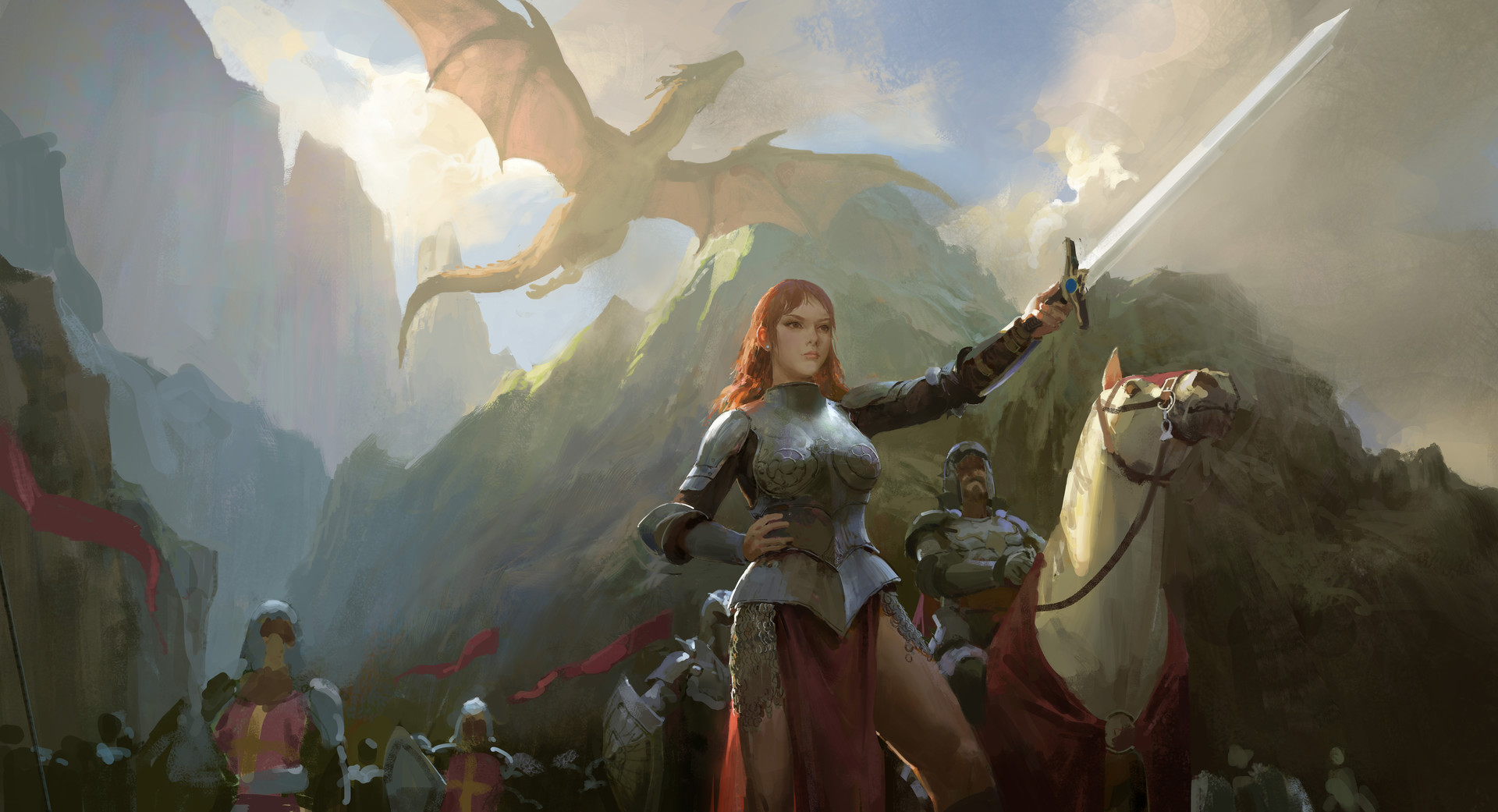 Wallpaper, digital art, women, warrior, army, sword, dragon, illustration, medieval, mountains, fantasy art, horse, flag, armored 1920x1041