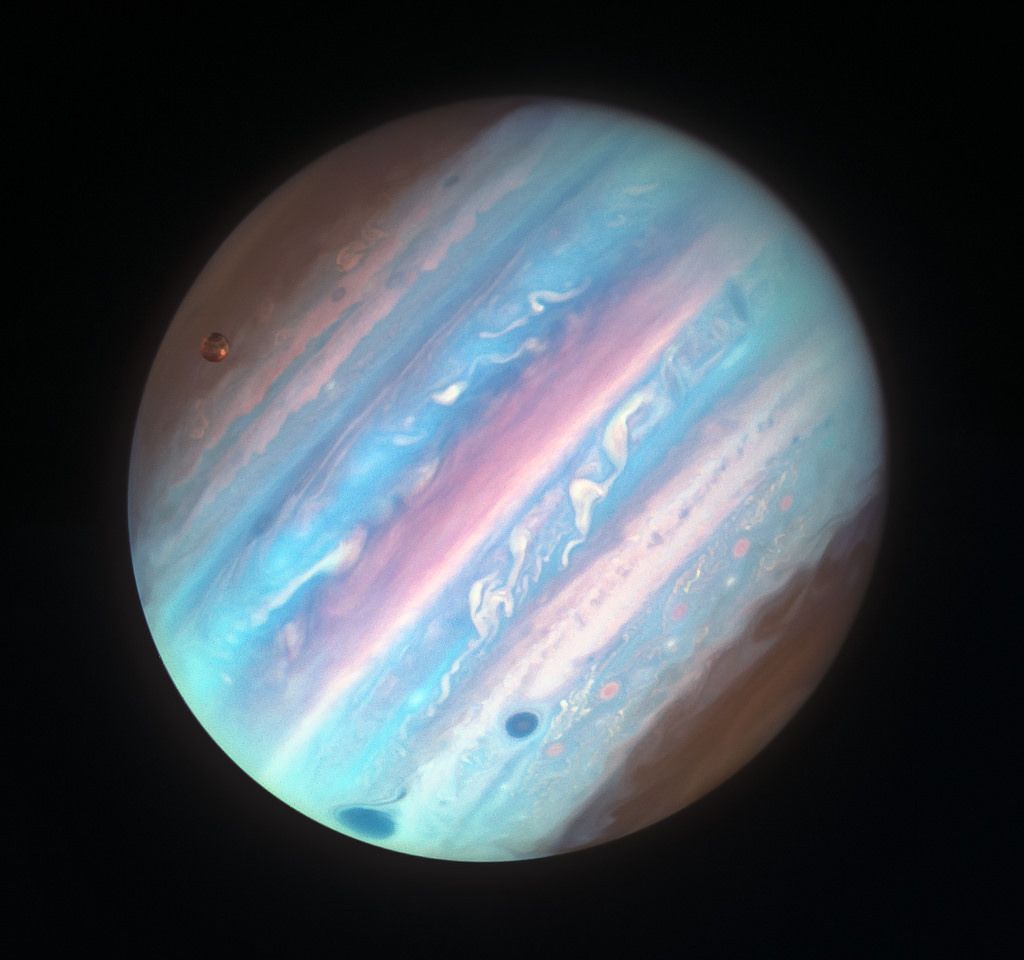 Jupiter And Ganymede In Near UV And Blue. Hubble Image, Space And Astronomy, Space Telescope