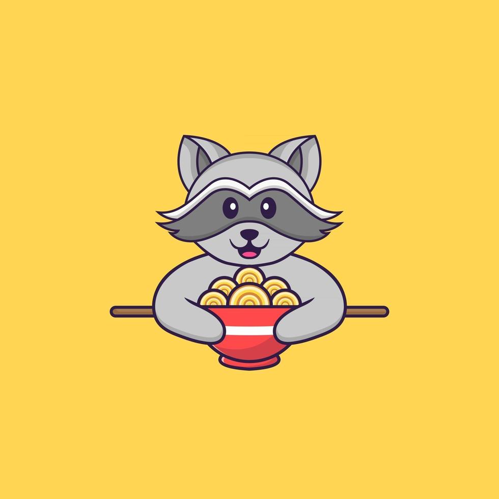 Cute Racoon Eating Ramen Noodles. Animal Cartoon Concept Isolated. Can Used For T Shirt, Greeting Card, Invitation Card Or Mascot. Flat Cartoon Style
