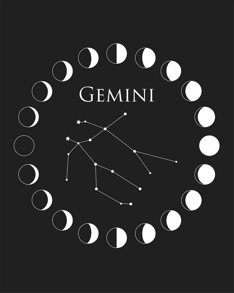 Gemini Astrology Printable Art, Moon Phase Constellation Art, Instant Download Birthday Gift. Gemini astrology art, Astrology gemini, Constellation art