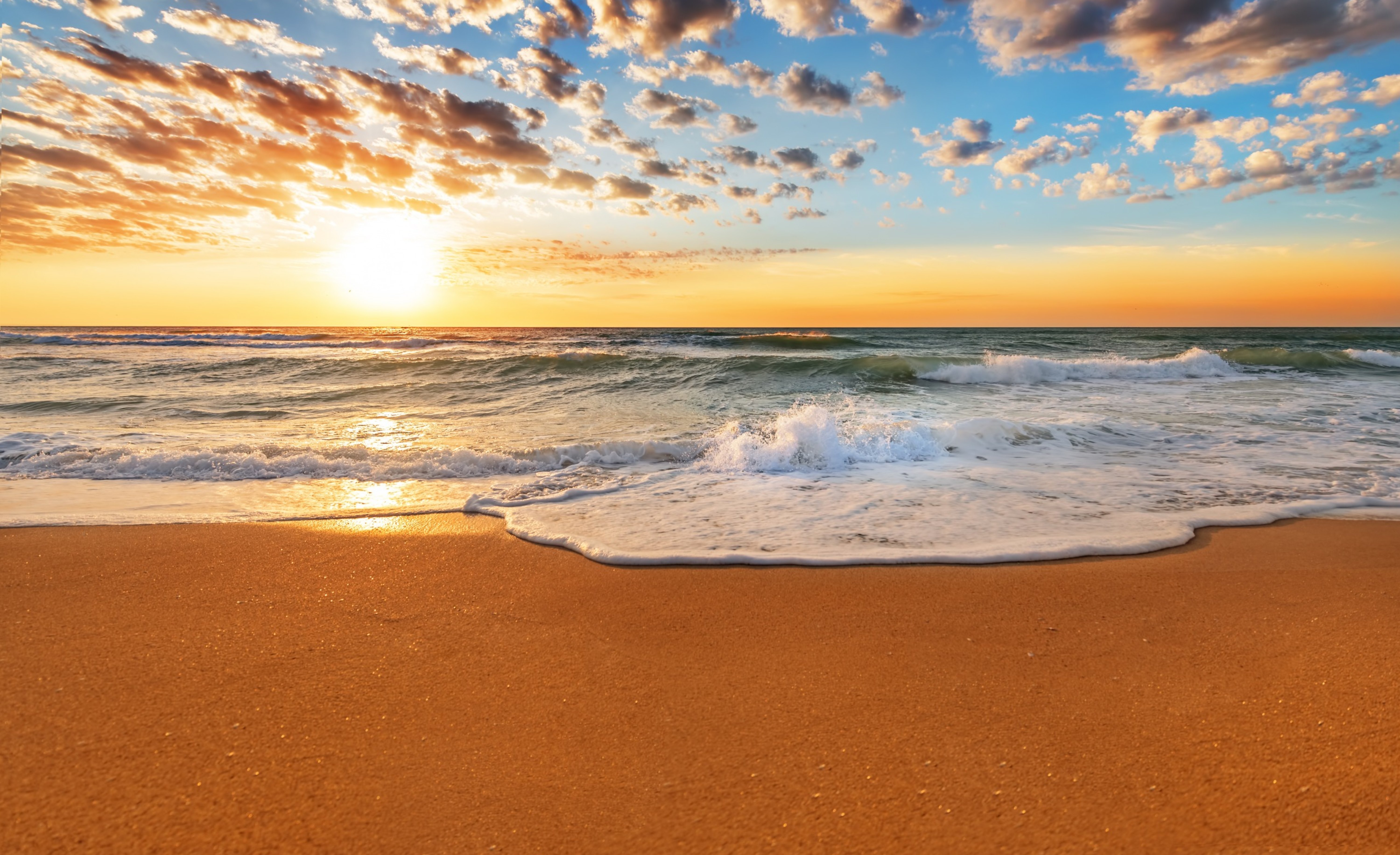 sky, clouds, sea, sea waves, beach, sand, splendor, sunrise, sea view