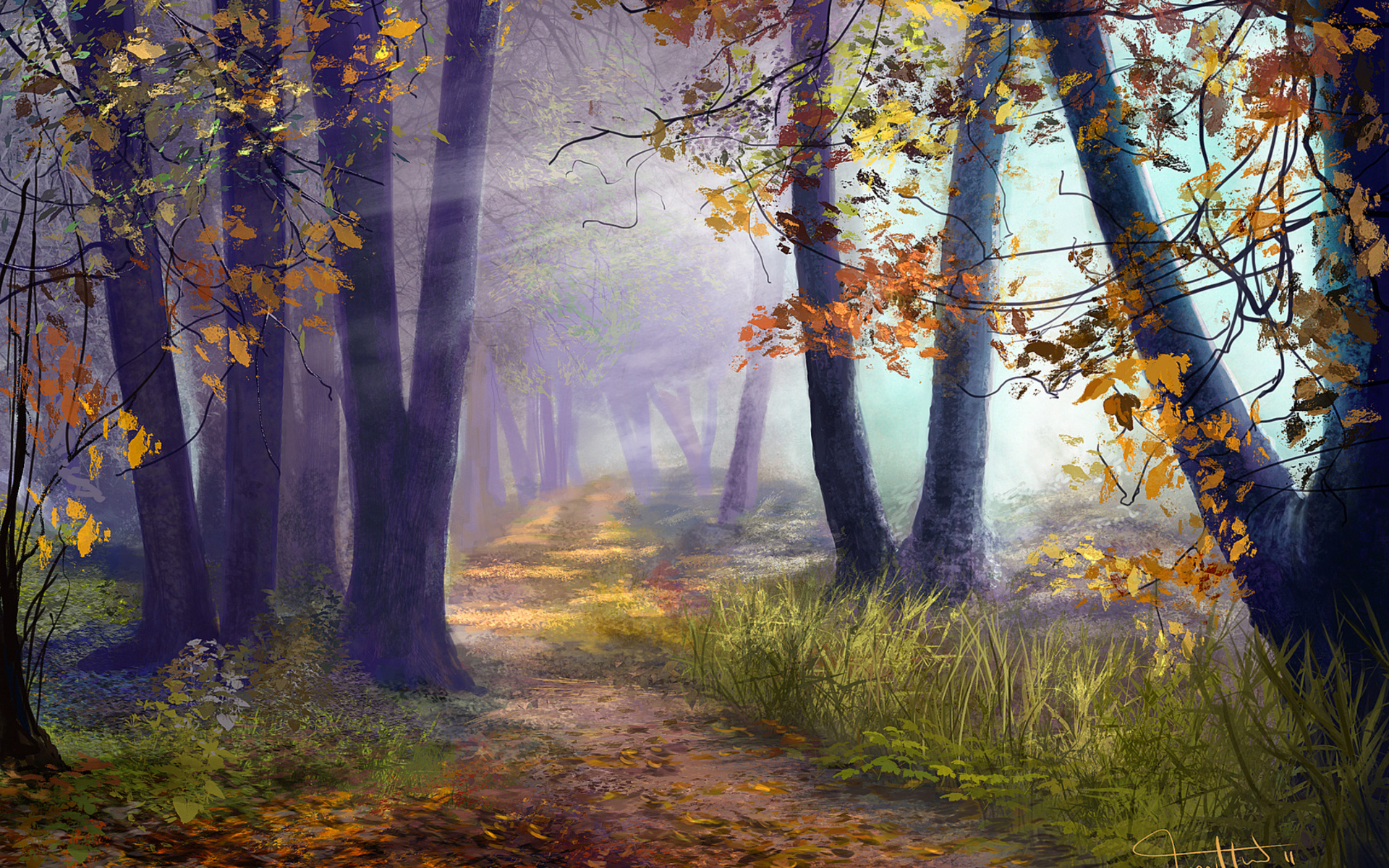 artistic, Art, Paintings, Path, Trail, Leaves, Nature, Landscapes, Trees, Forests, Autumn, Fall, Seasons, Sunlight, Sunbeam, Sun, Colors Wallpaper HD / Desktop and Mobile Background
