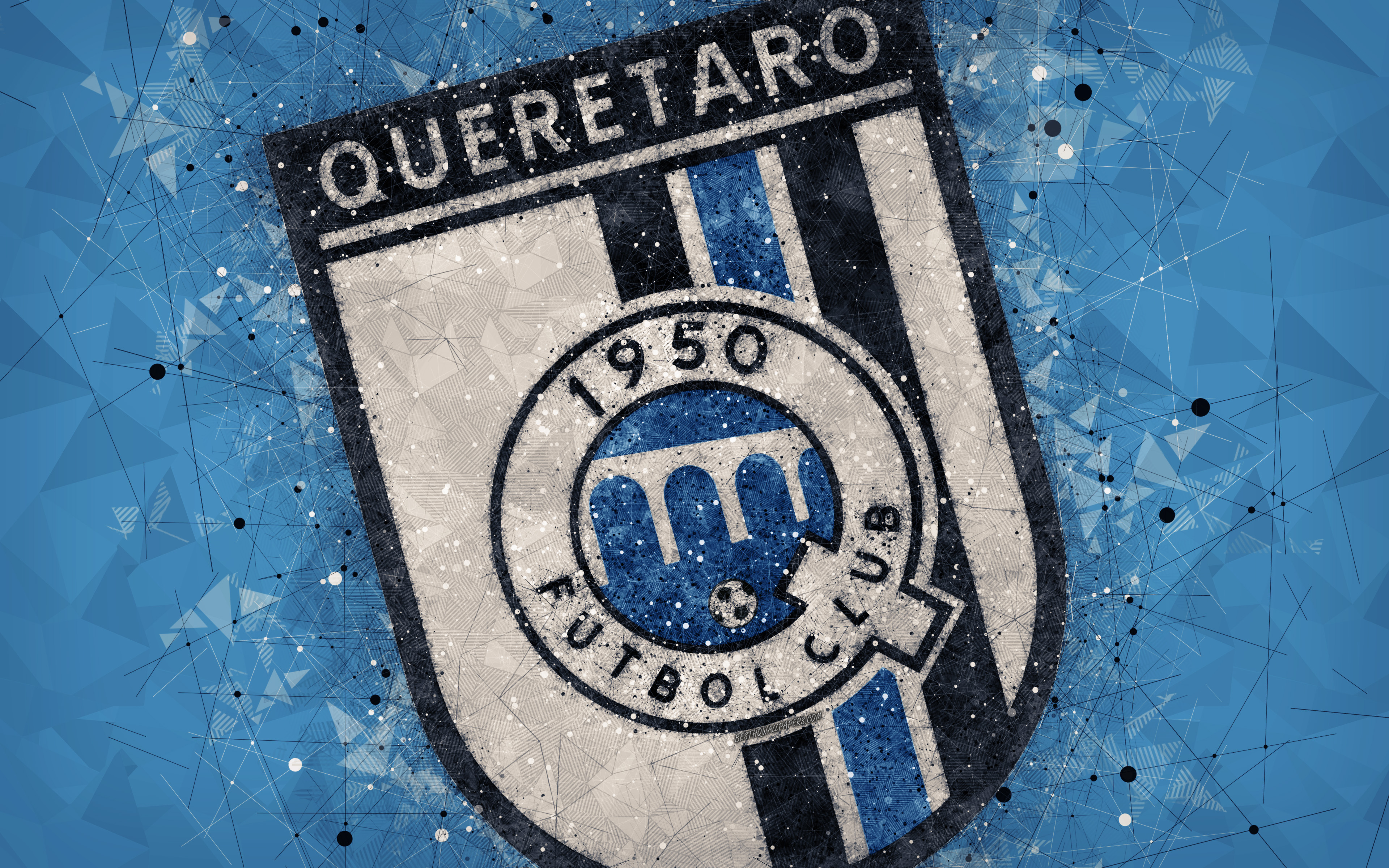 Download wallpaper Queretaro FC, 4k, geometric art, logo, Mexican football club, blue abstract background, Primera Division, Santiago de Queretaro, Mexico, football, Liga MX, Club Queretaro for desktop with resolution 3840x2400. High Quality