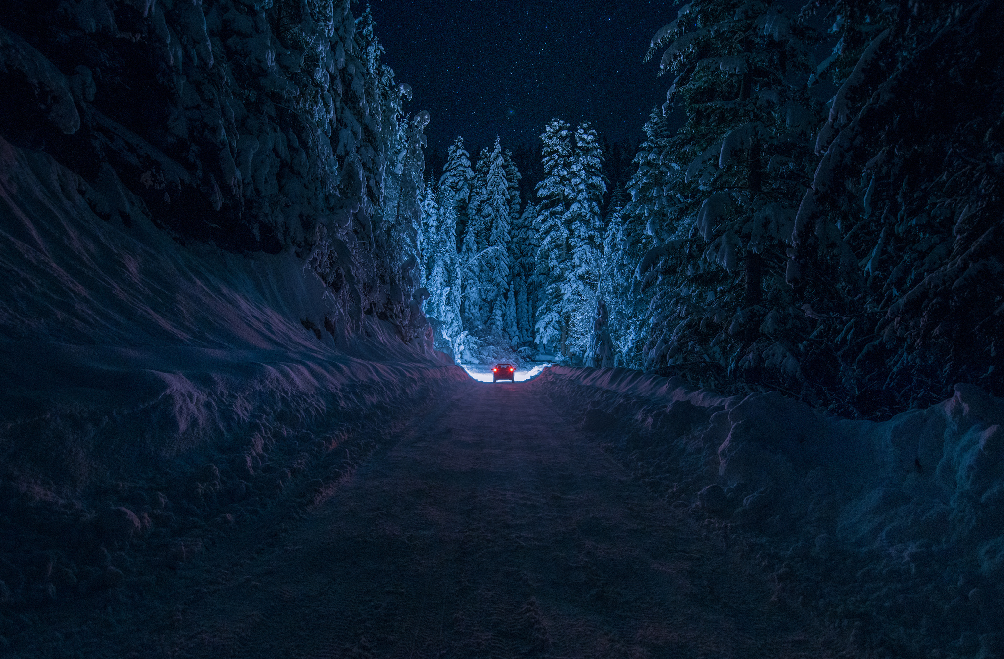Bulgaria Kyustendil winter road snow forest night car light sky stars trees wallpaperx1345