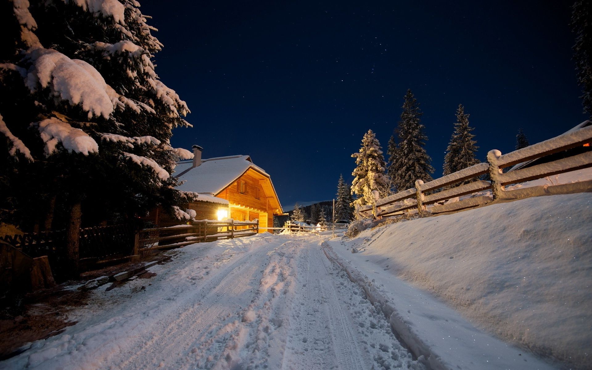 Road winter night house