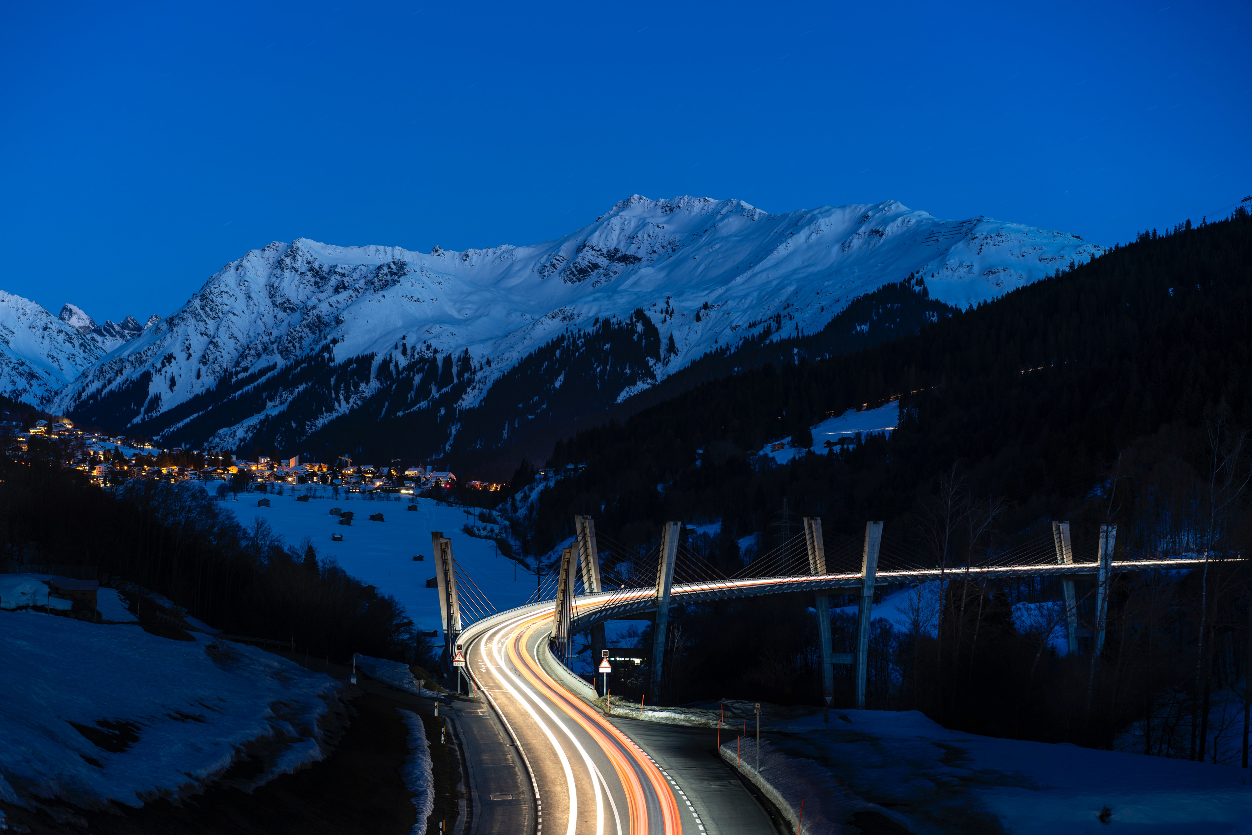 Bridge Light Night Road Snow Time Lapse Winter Wallpaper:4000x2668