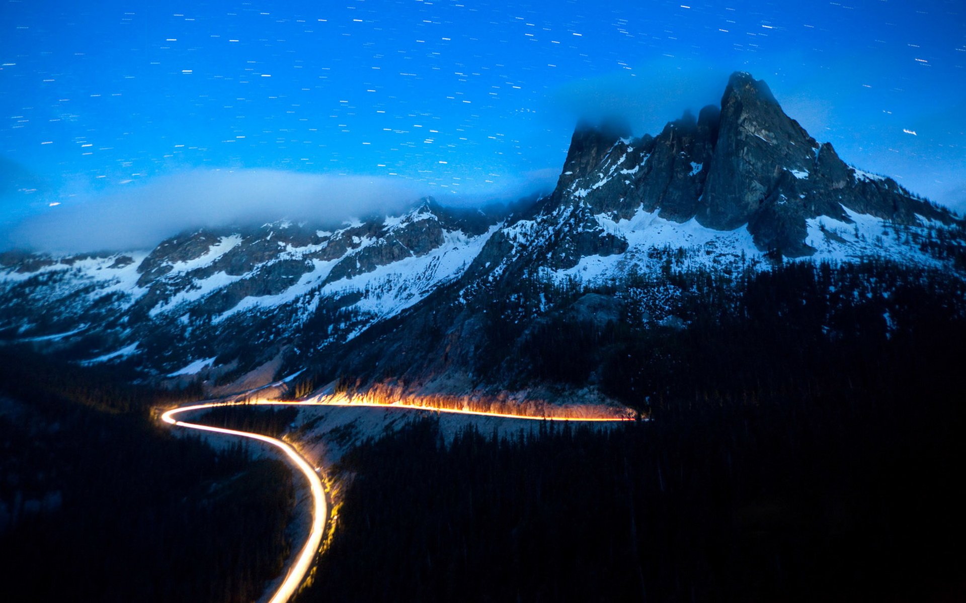 Winter Mountain Road on Snowy Night HD Wallpaper