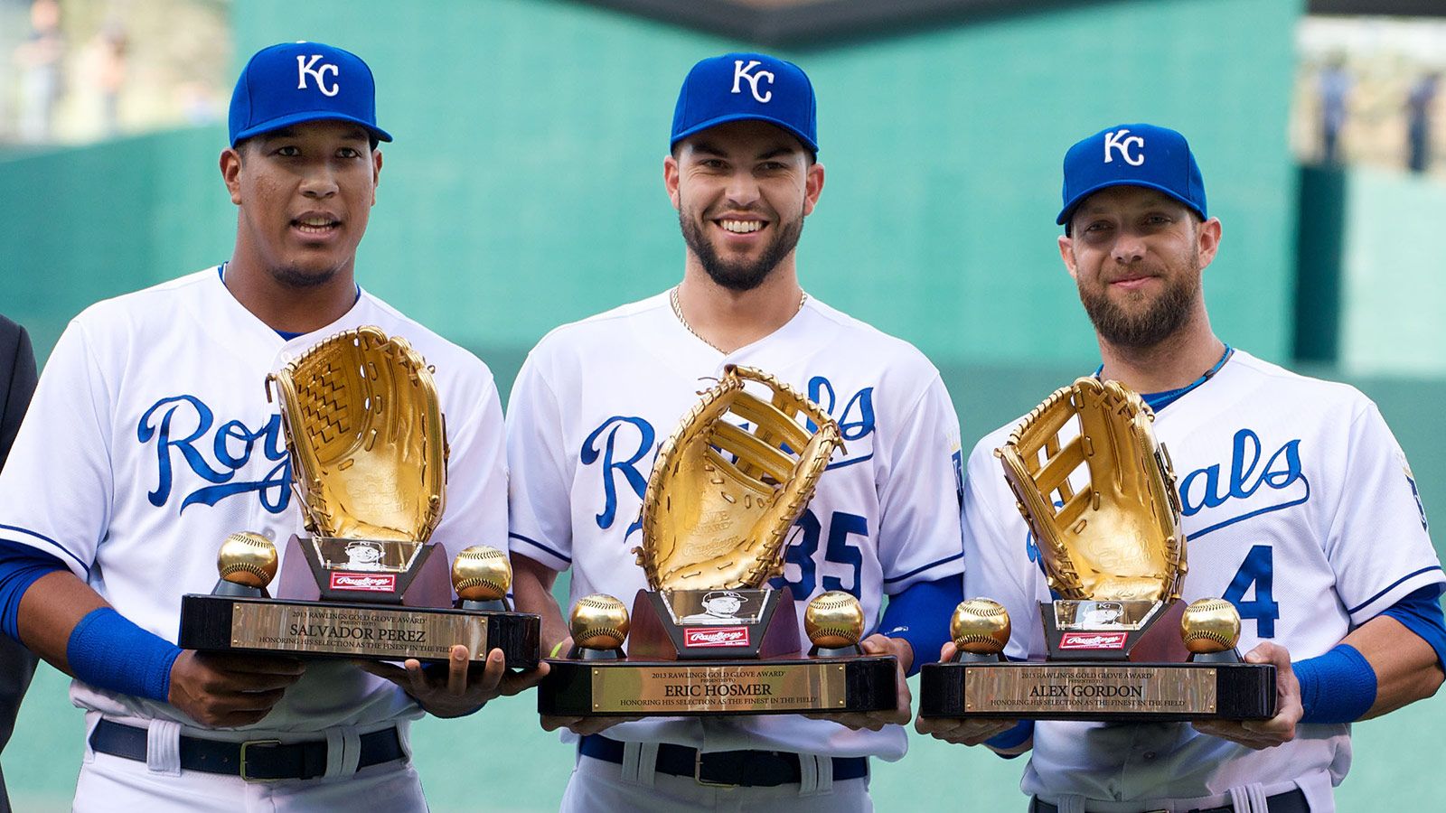 Salvador Perez (C), Eric Hosmer (1B) & Alex Gordon (LF). 2013 Rawlings Gold Glove winners. Eric hosmer, Kansas city royals baseball, Kansas city royals