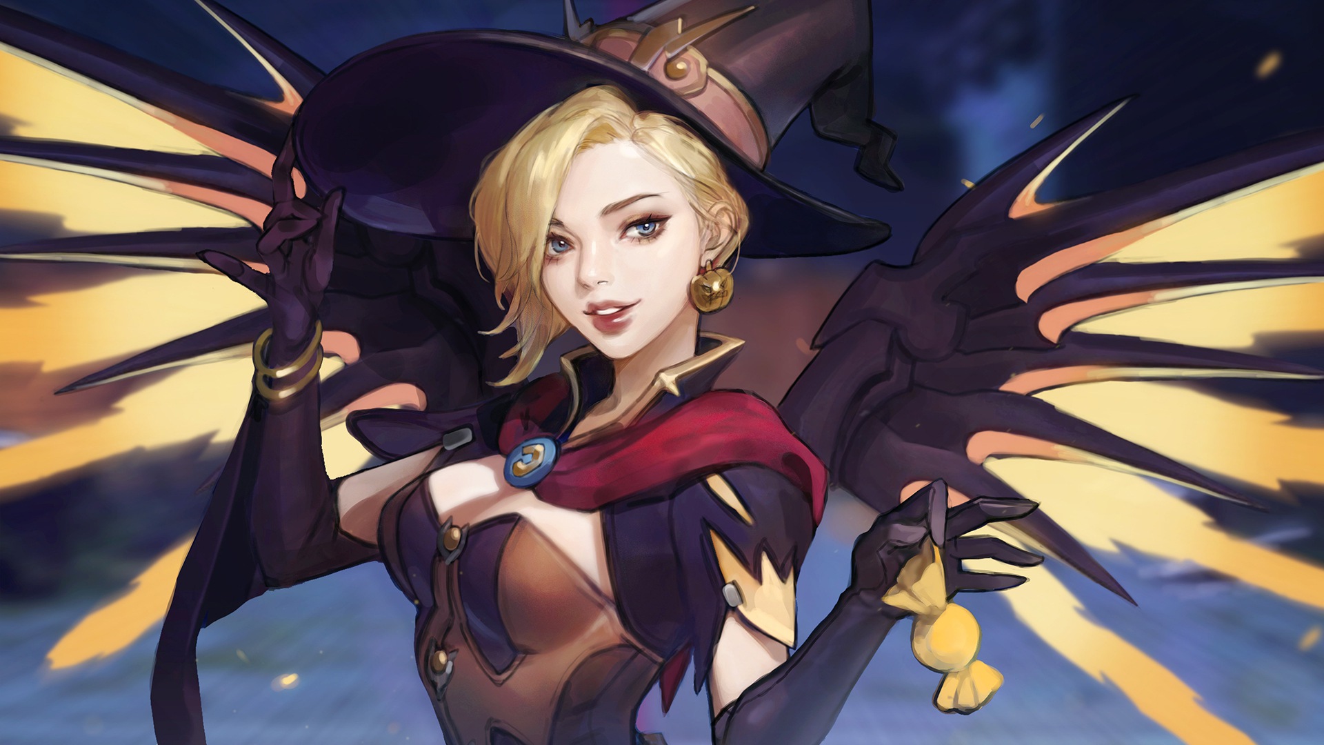 women, Blonde, Cleavage, Blue eyes, Video games, Digital art, Artwork, Overwatch, Mercy (Overwatch), Witch Mercy, Wings, Tight clothing Wallpaper HD / Desktop and Mobile Background