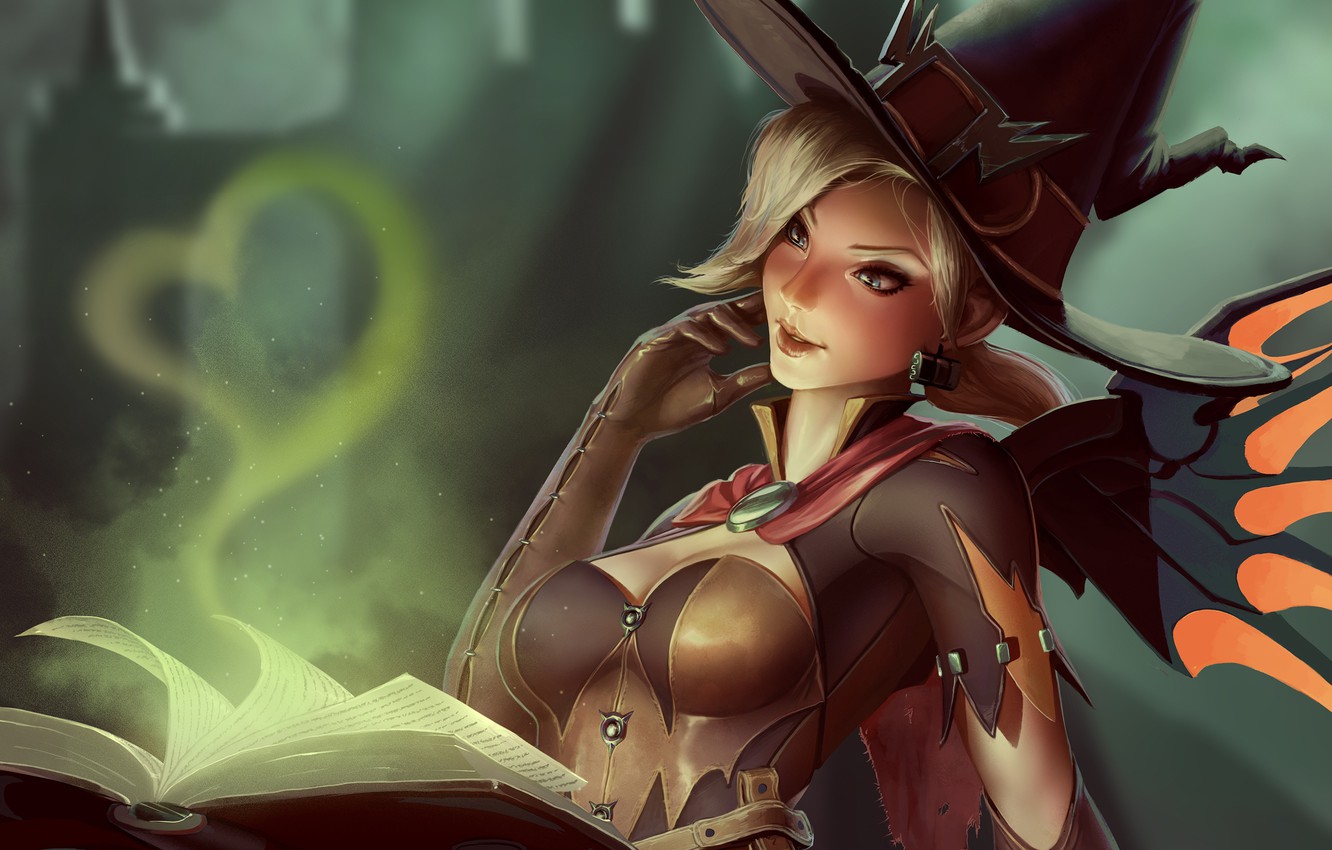 Wallpaper girl, hat, art, book, witch, Overwatch, mercy, Angela Ziegler image for desktop, section живопись
