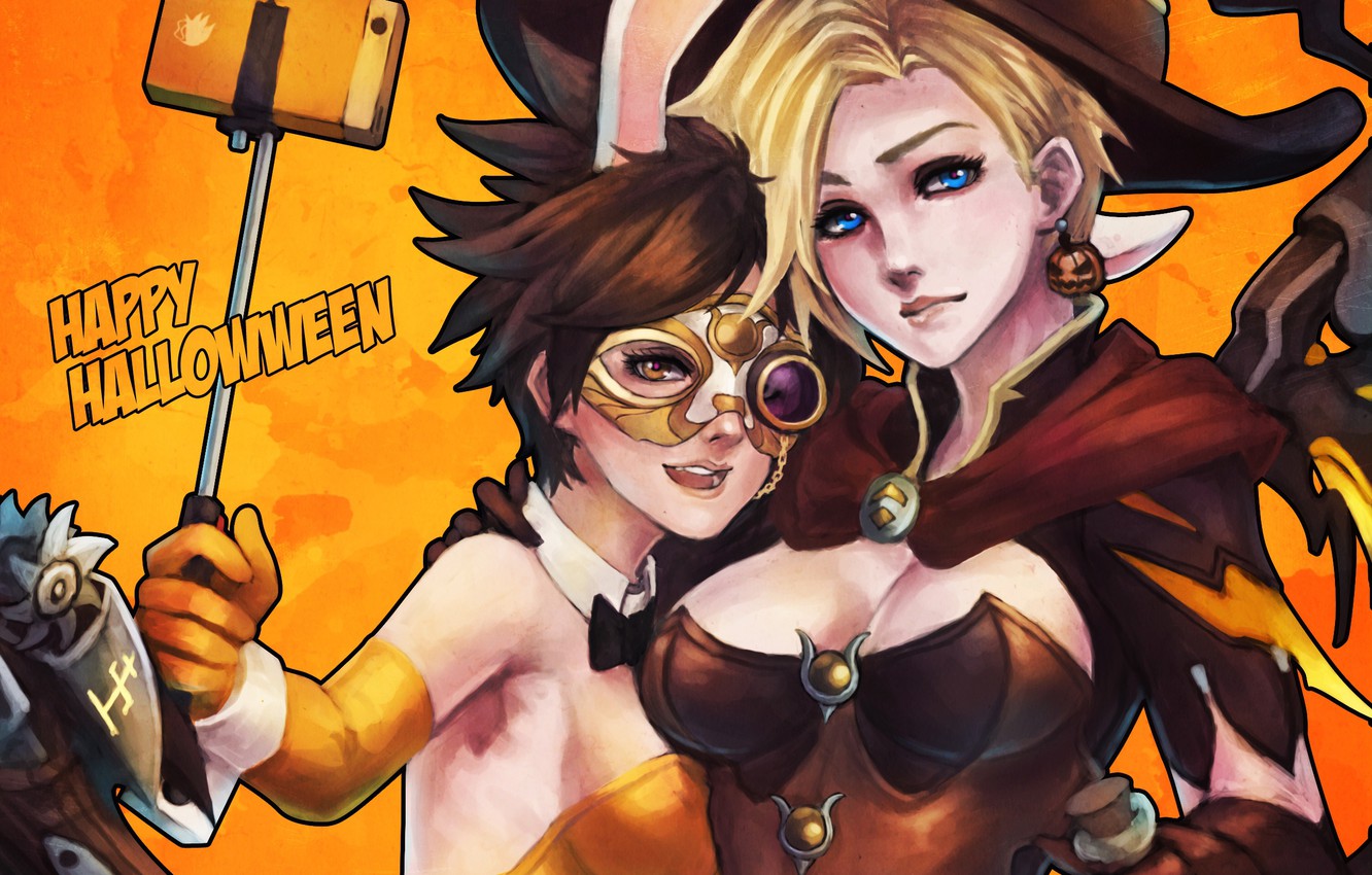 Wallpaper girls, art, Tracer, overwatch, mercy, Lena Oxton, Angela Ziegler, witch mercy, bunny tracer image for desktop, section игры