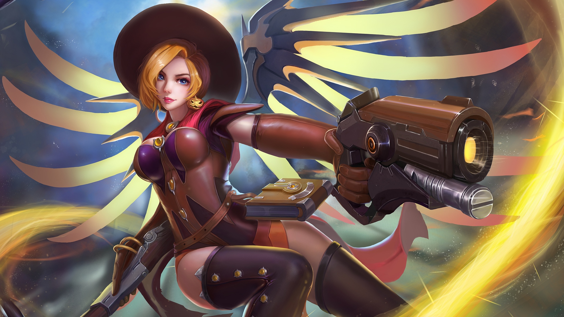 thighs, Video games, Halloween, Artwork, Digital art, Thigh highs, Overwatch, Mercy (Overwatch), Witch Mercy, Gun, Wings Wallpaper HD / Desktop and Mobile Background