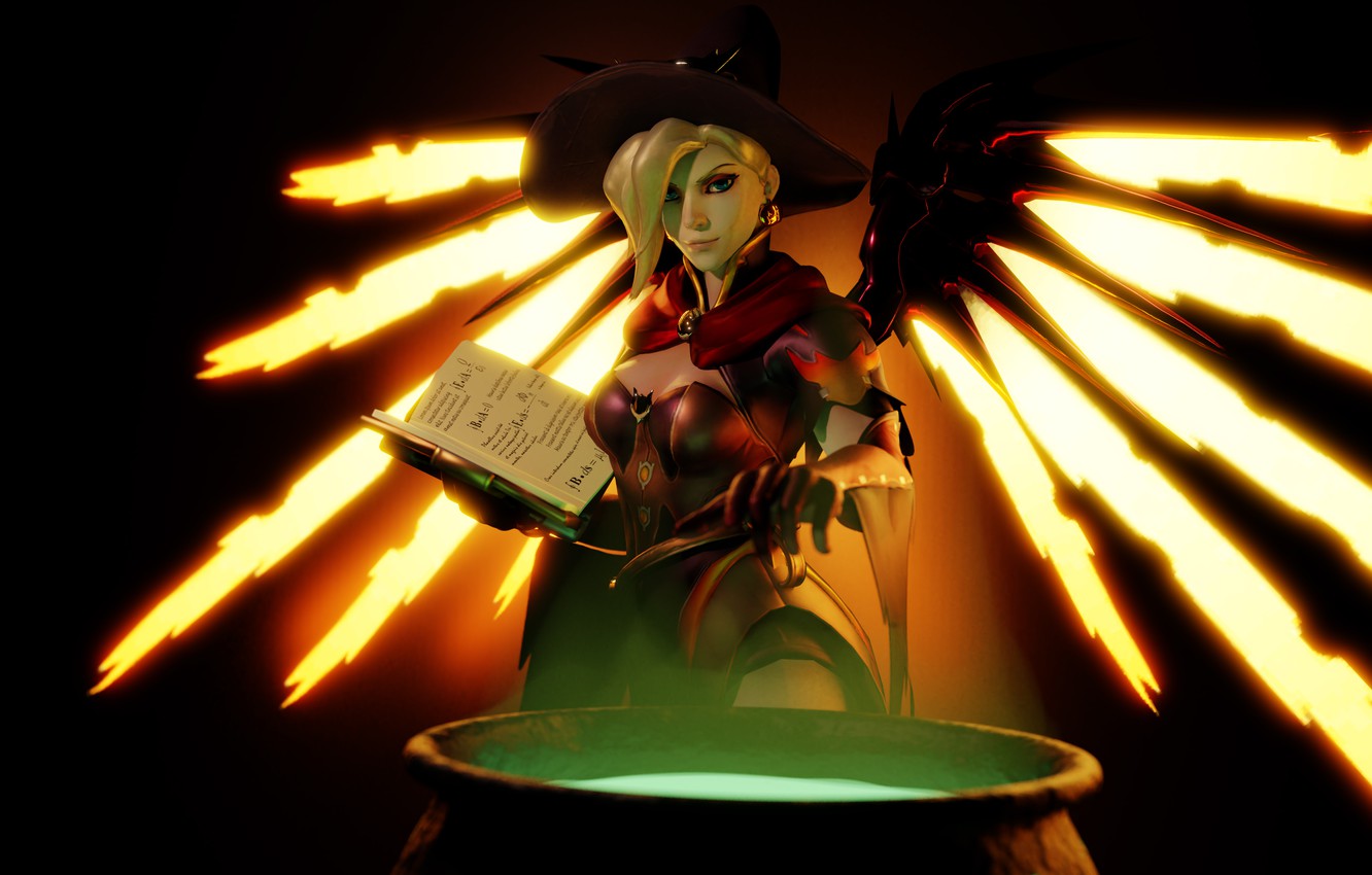 Wallpaper girl, wings, hat, book, witch, Chan, medic, Overwatch, Mercy, angela ziegler image for desktop, section рендеринг