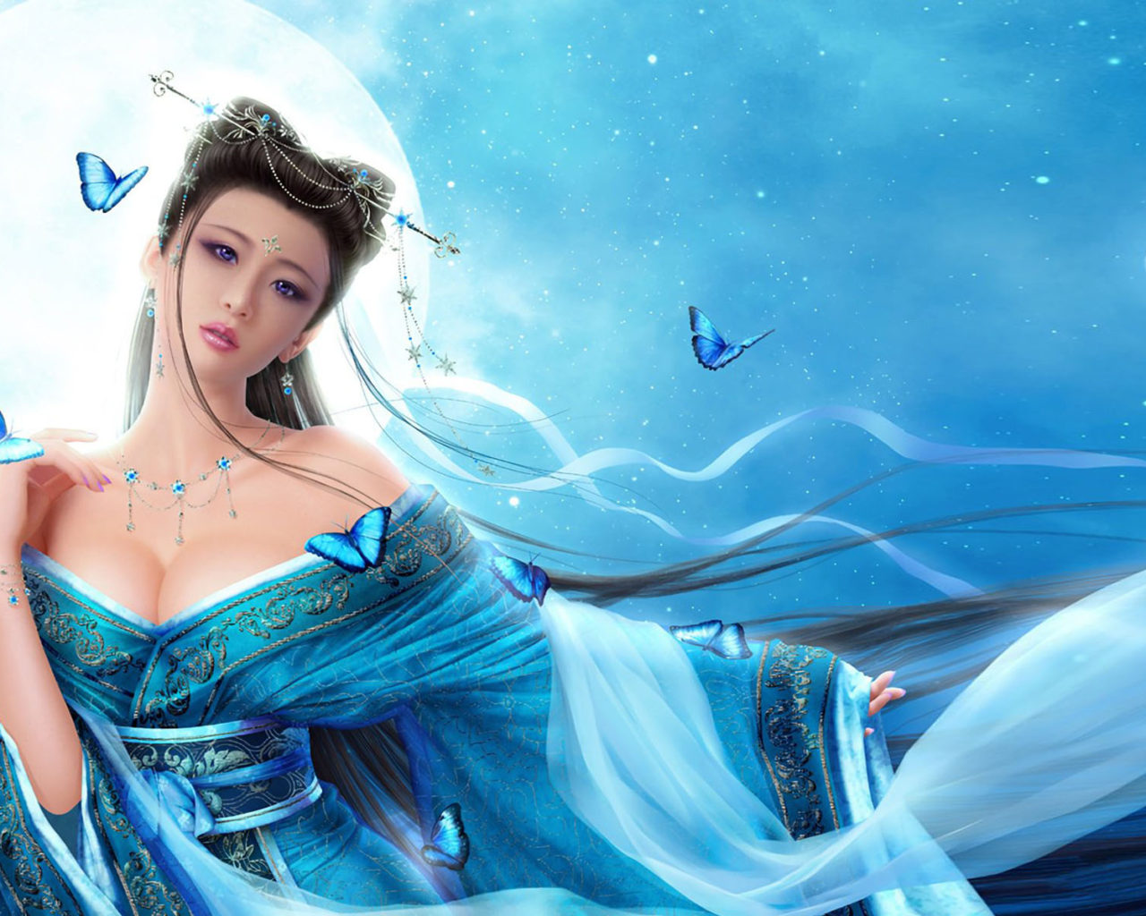 Butterfly Girl and Full Moon Fantasy Art Wallpaper for Desktop Tablet And Mobile Phones, Wallpaper13.com