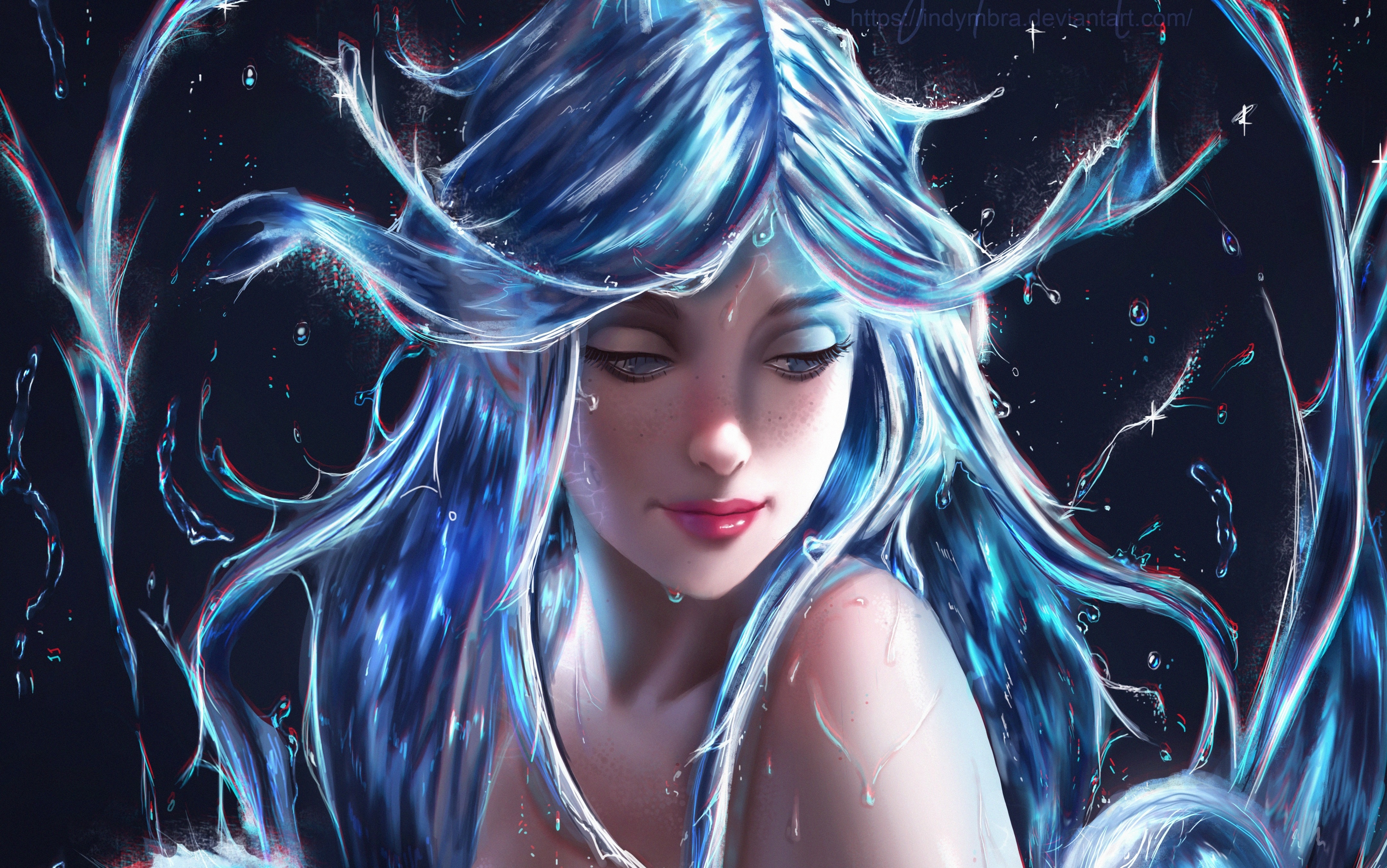 Beautiful, Digital paint, 4K, Blue, Fantasy girl