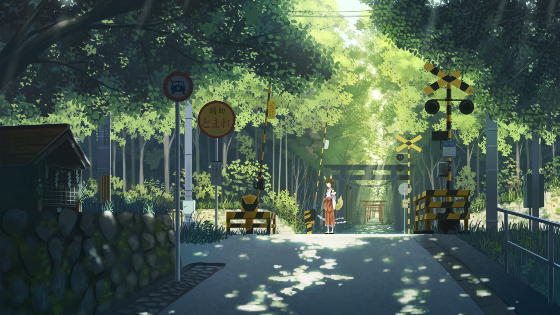 Download 1920x1080 Anime Street, Anime Girl, Miko, Sunlight, Trees Wallpaper for Widescreen