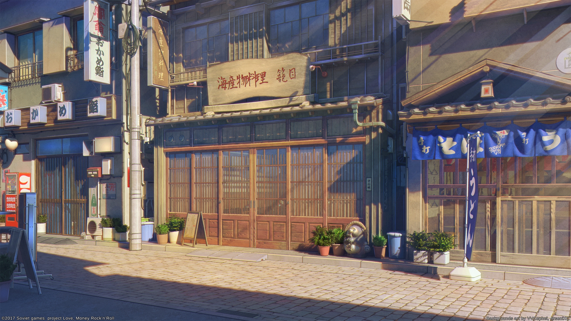 Download 1920x1080 Anime City, Shops, Street, Sunlight, Shadow Wallpaper for Widescreen