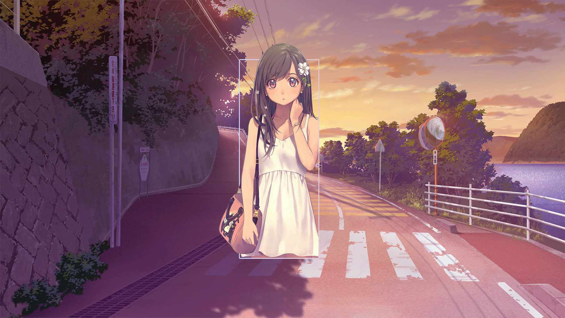 Wallpaper, anime girls, street, afternoon, road, Photohop, digital art, picture in picture, anime landscape, trees, picture, piture in picture 1920x1080