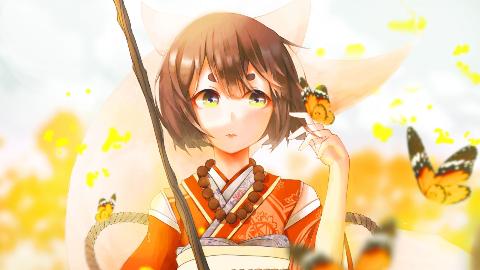 Desktop wallpaper cute, anime girl, yellow eyes, outdoor, meadow, HD image, picture, background, 1f97bd