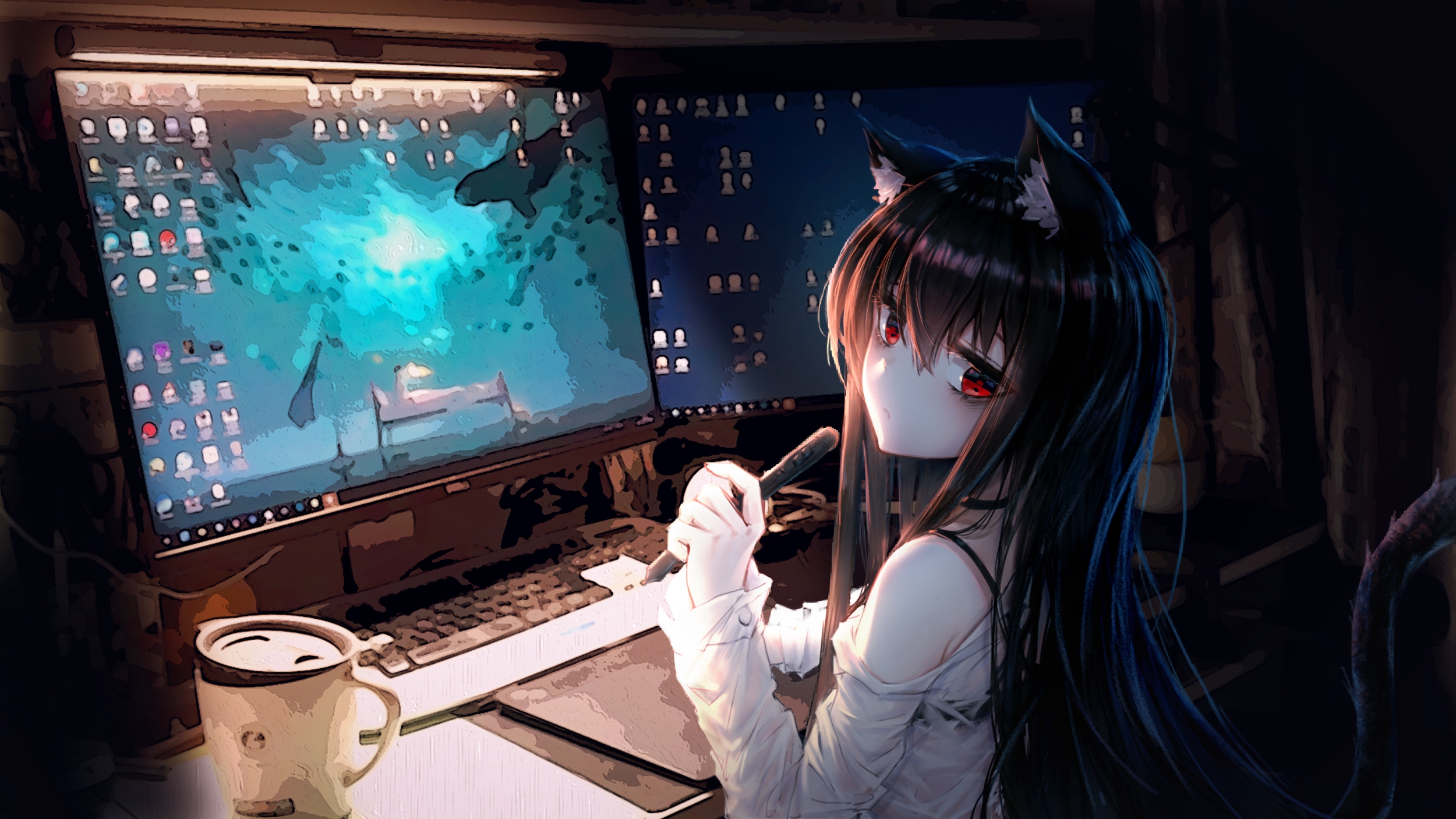 Download 2500x1407 Anime Cat Girl, Room, Computer, Animal Ears, Coffee, Cute Wallpaper