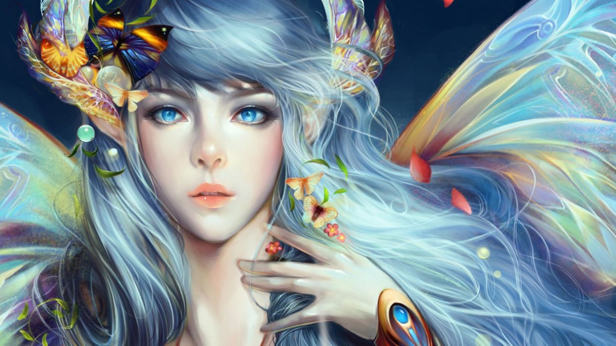 Fantasy girl fairy beautiful blue hair blue eyes face flower wallpaperx1080