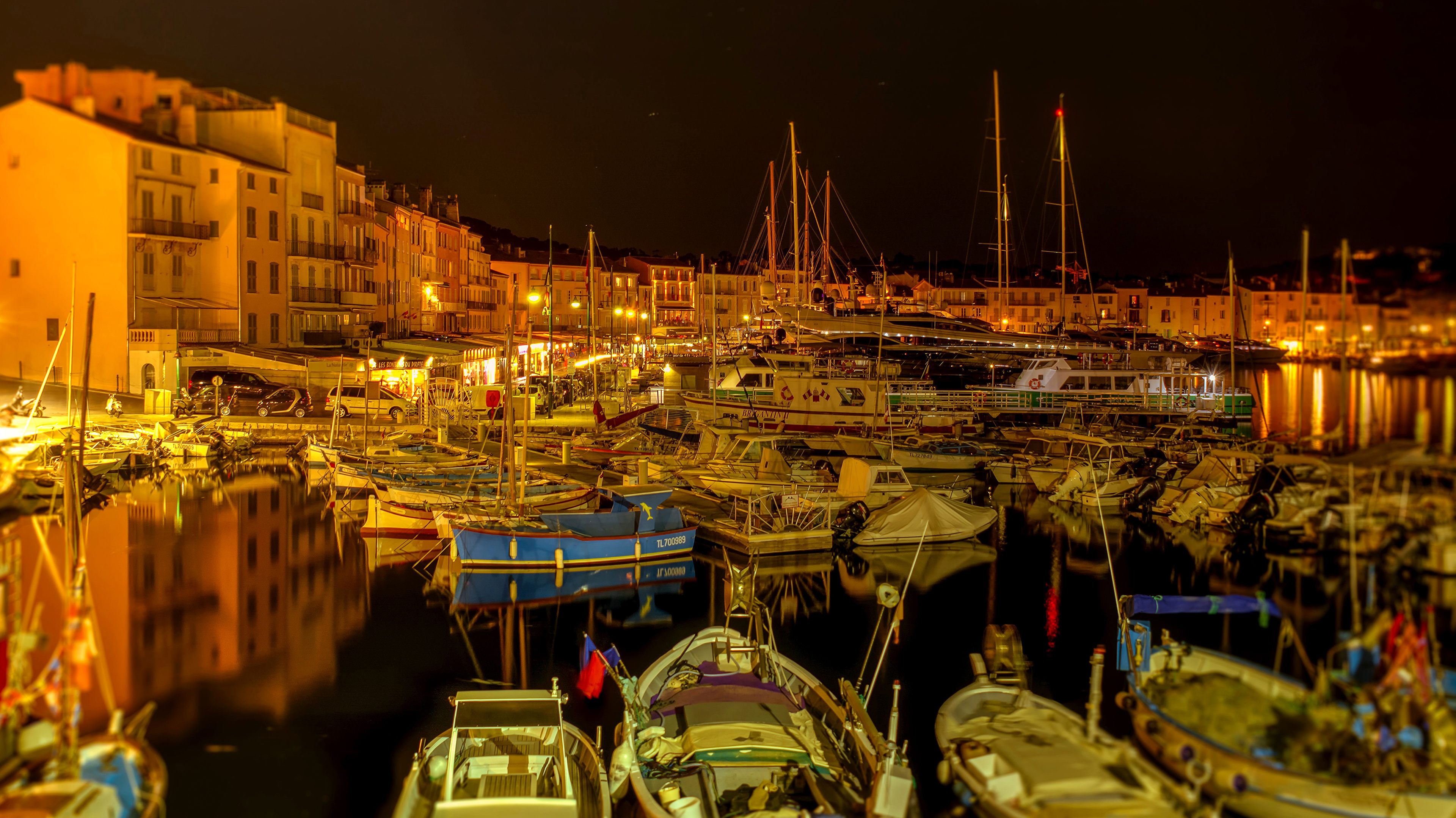 Desktop Wallpaper France Saint Tropez Pier Sailing Night 3840x2160