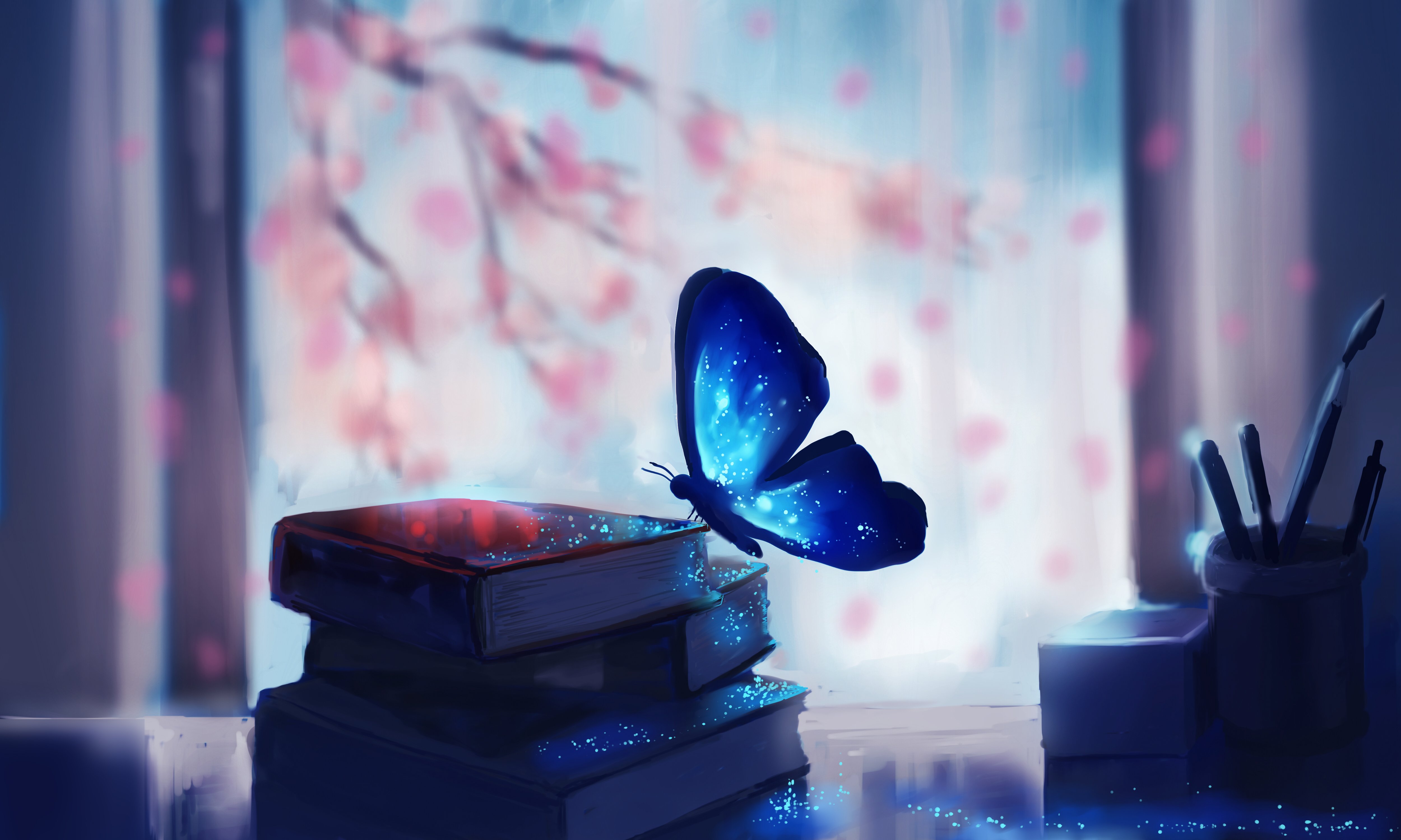 art, Chibionpu, Butterfly, Books, Branches, Tree, Sakura, Book, Artwork, Painting Wallpaper HD / Desktop and Mobile Background