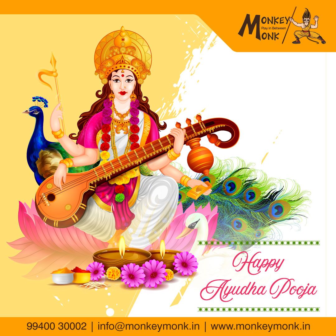 Happy Ayudha Pooja & Saraswathi Pooja #Monkeymonk #AyudhaPooja #DurgaAshtami #Chennai #Festival #Celebration #tamilna. Saraswathi pooja, Adventure games, Festival