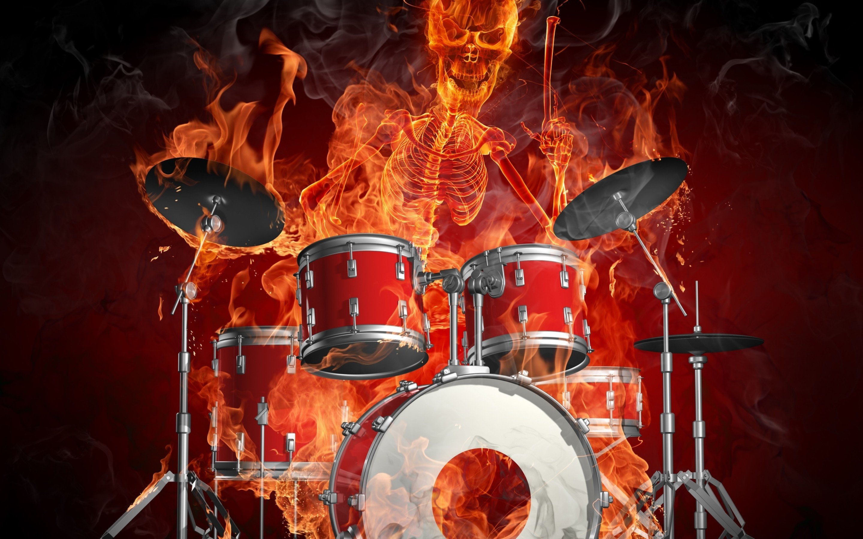 Download 2880x1800 Fire Skeleton, Drums, Smoke, Smiling Wallpaper for MacBook Pro 15 inch