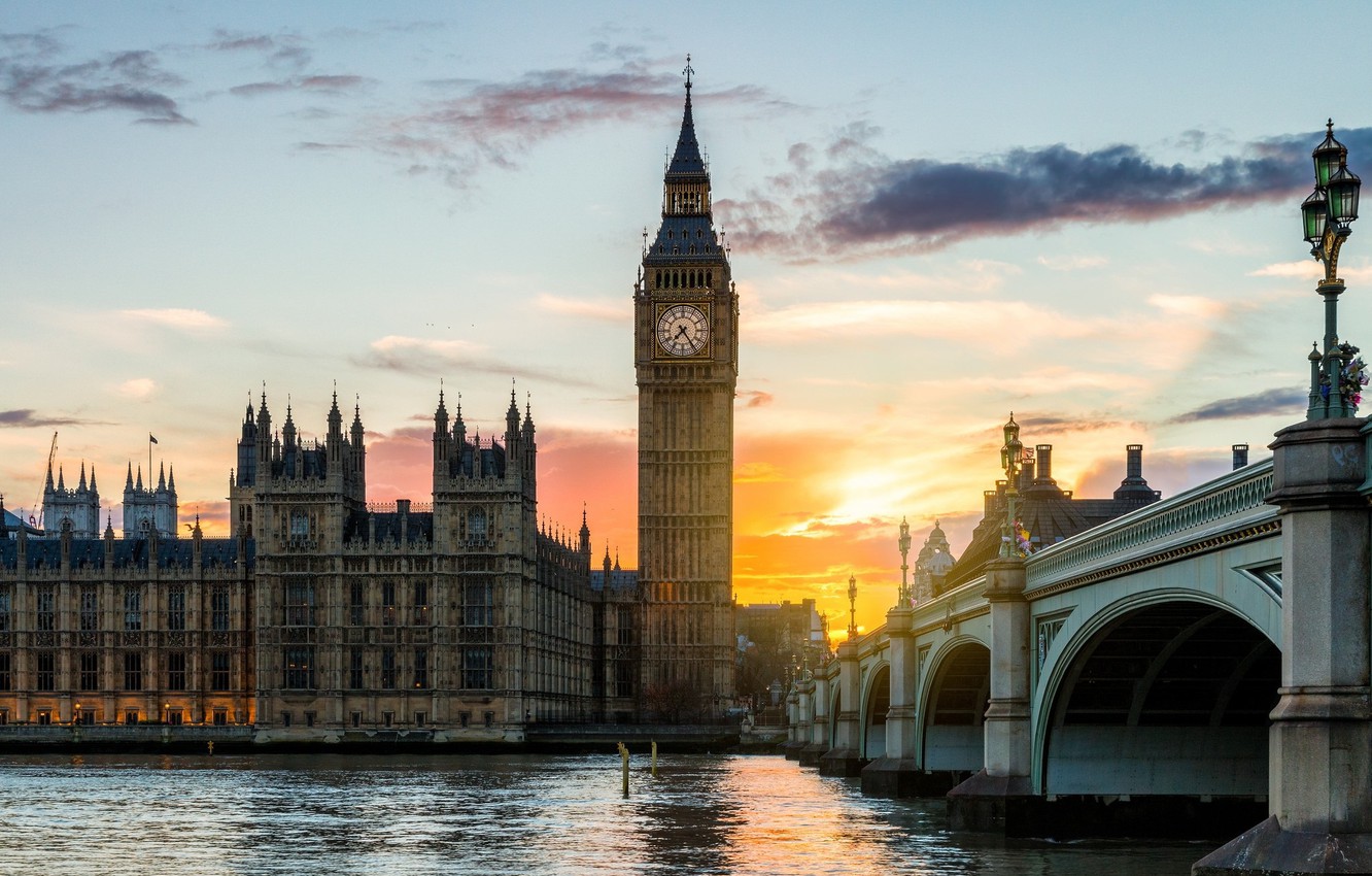 Wallpaper sunset, London, UK, Big Ben and Westminster Bridge image for desktop, section город